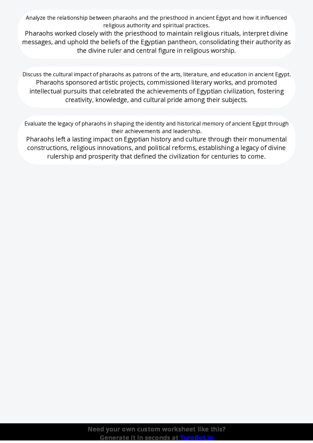 Free Worksheet - Year 9 Ancient History The Role of Pharaohs in Ancient Egypt Short Answer Response