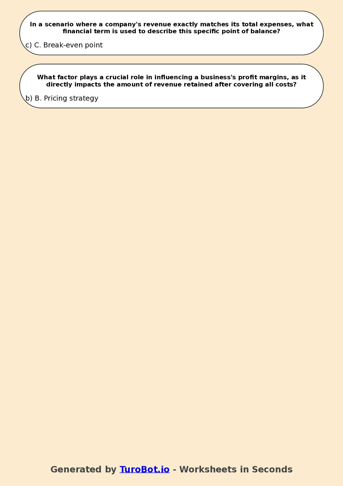 Year 9 Business Multiple Choice Worksheet – Profit, Loss, and Revenue