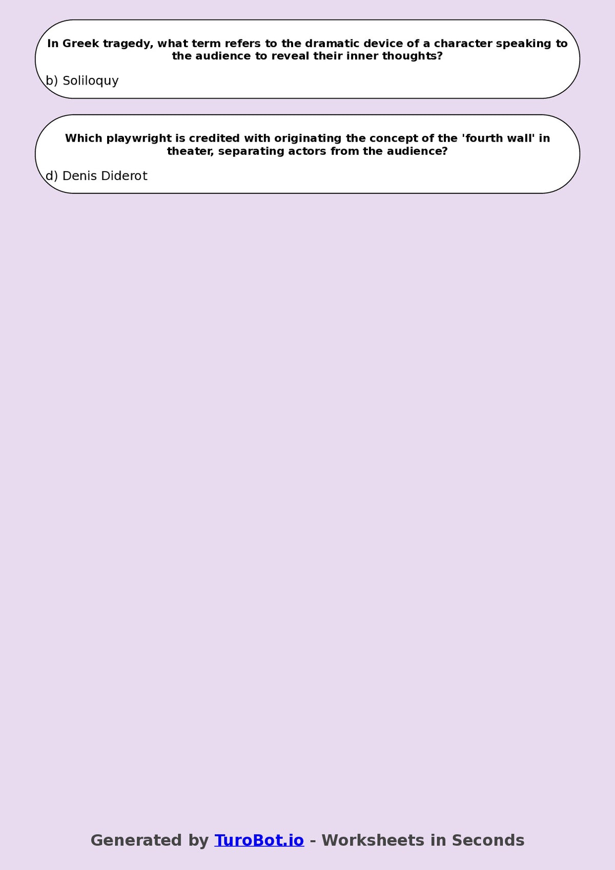 Year 8 Drama Multiple Choice Worksheet – Famous Plays and Playwrights