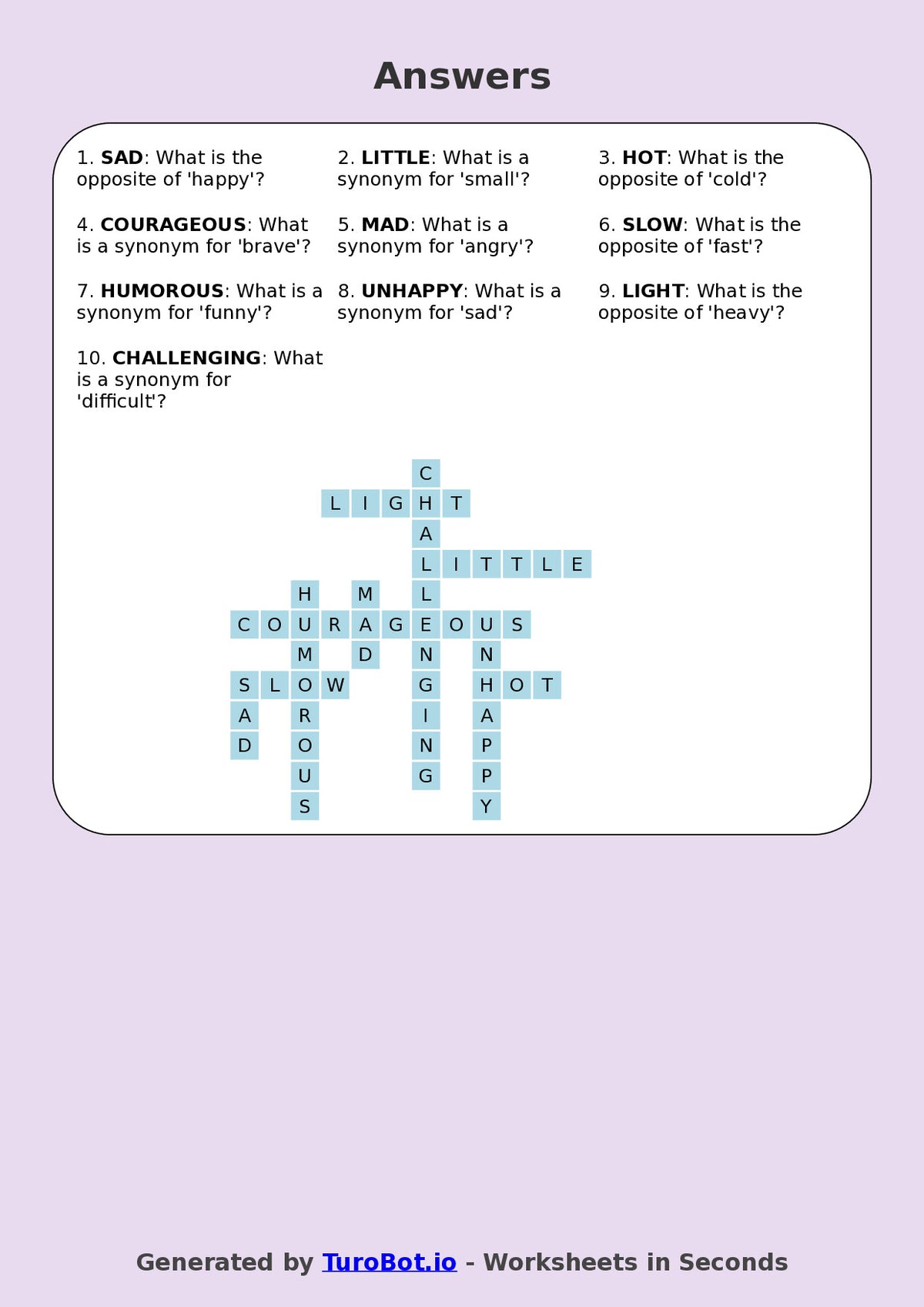 Year 4 English Crossword Worksheet – Synonyms and Antonyms