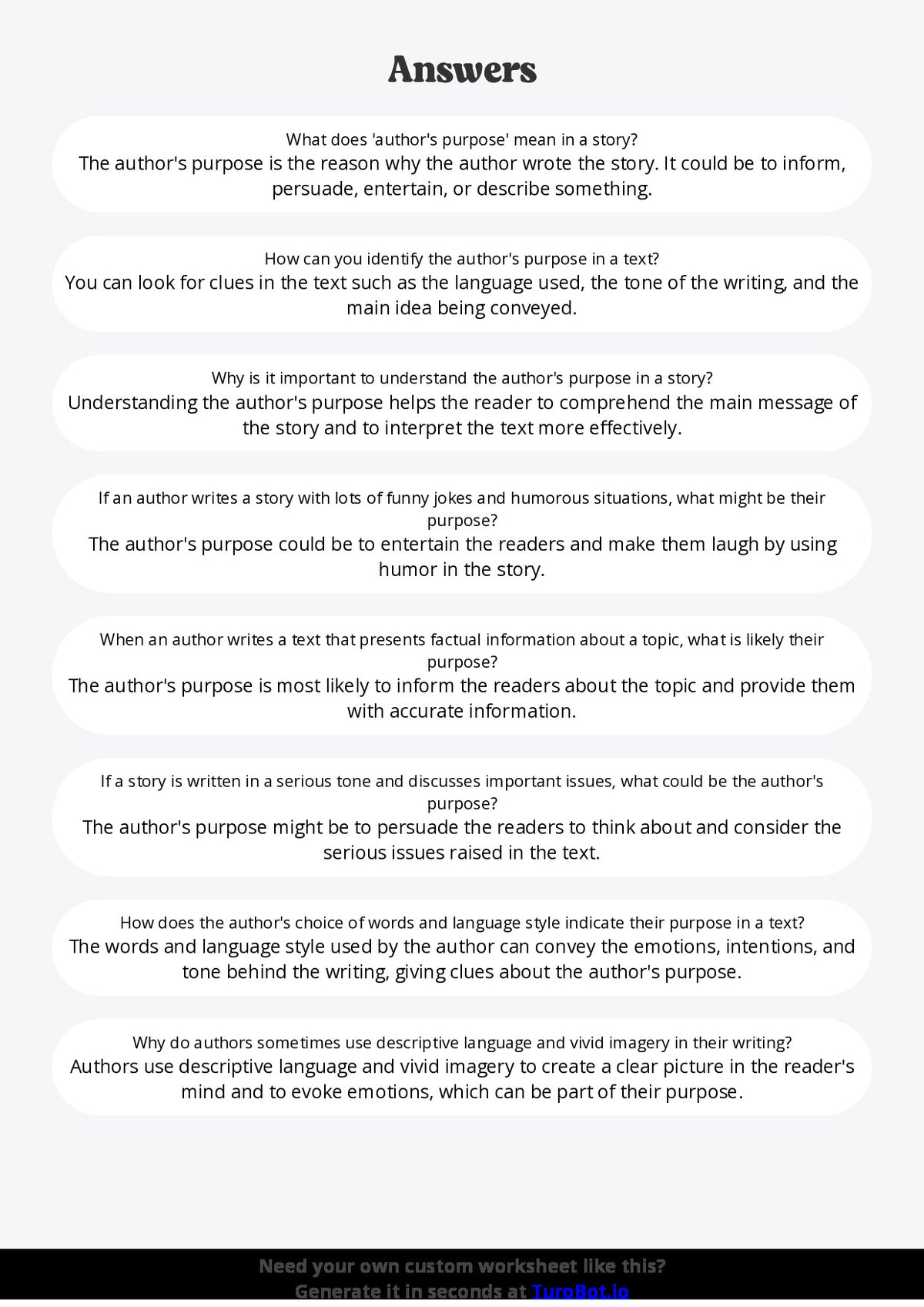 Free Worksheet - Year 5 English Explaining Authors Purpose Short Answer Response