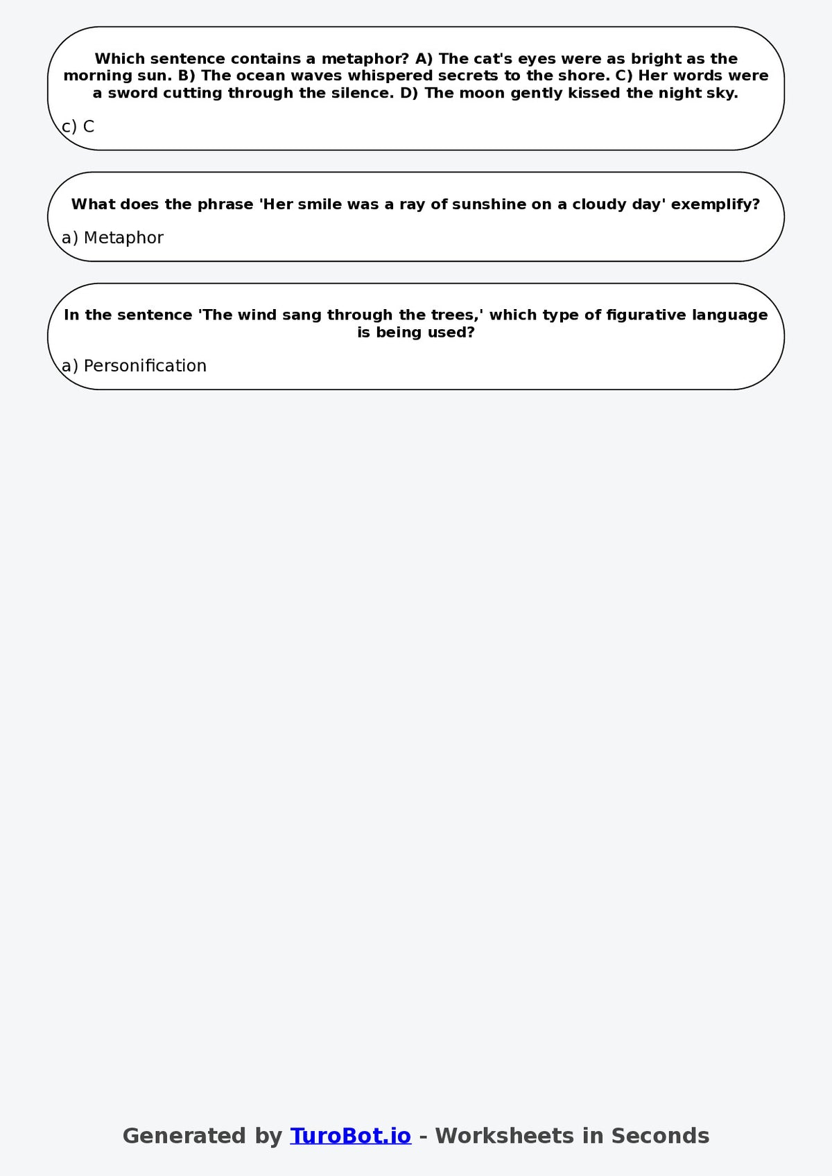 Year 6 English Multiple Choice Worksheet – Identifying Figurative Language