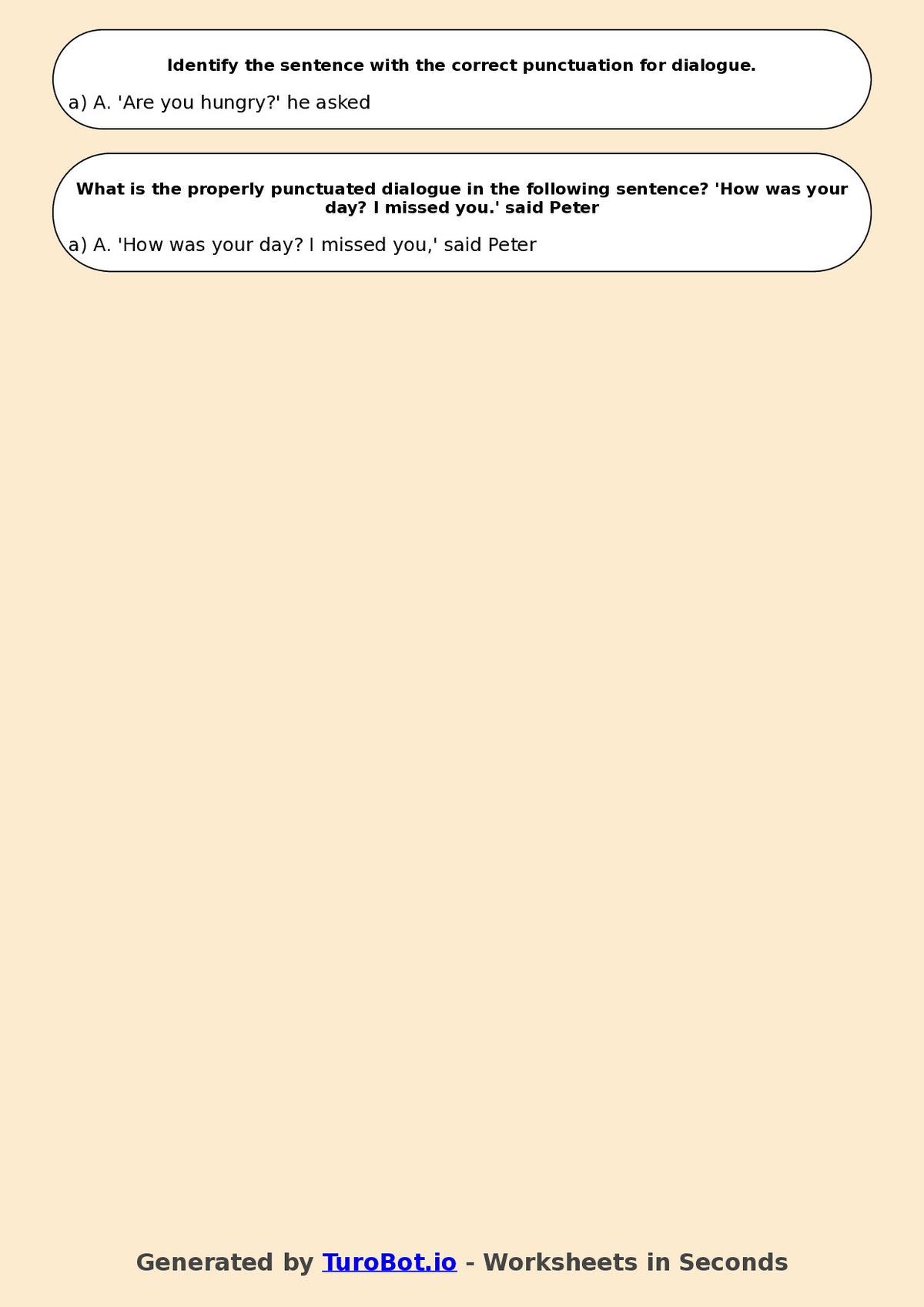 Year 7 English Multiple Choice Worksheet – Punctuation for Dialogue