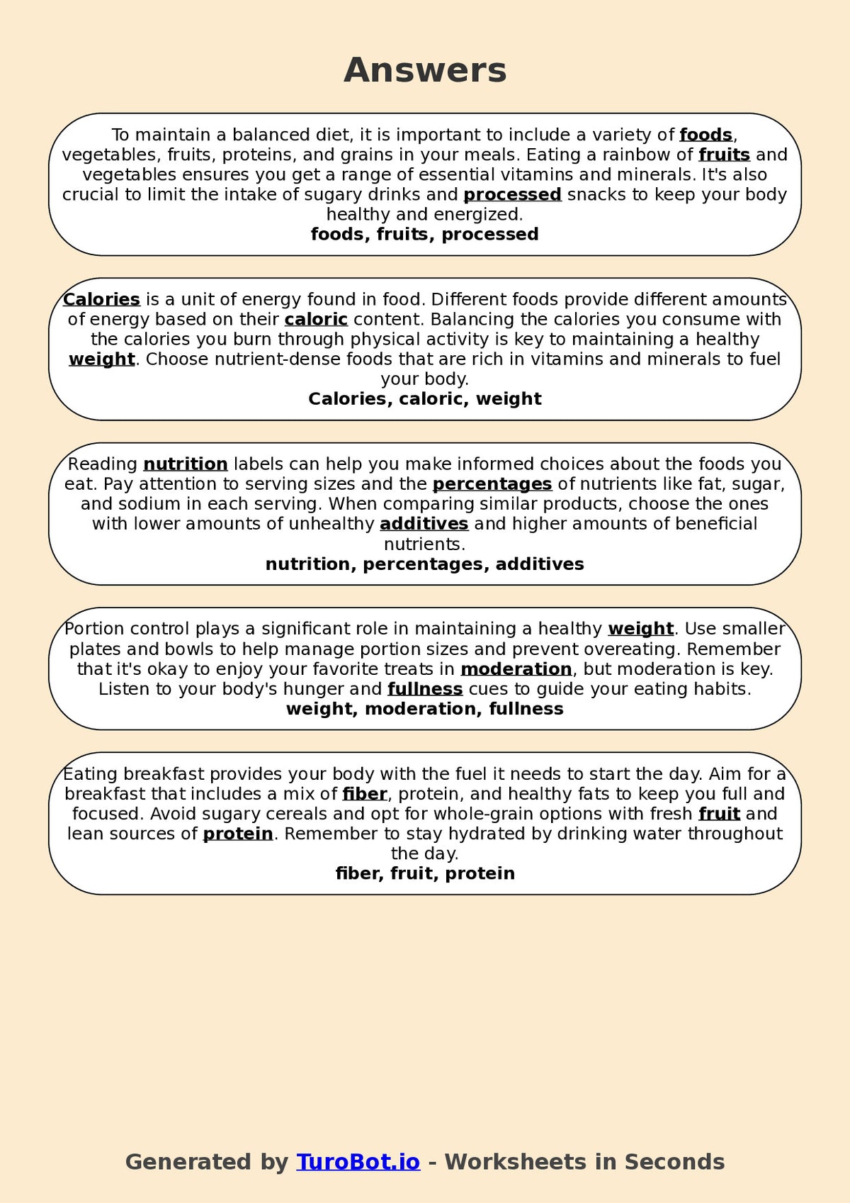 Year 5 Family and Consumer Science Fill in the Blanks Worksheet – Healthy Eating Vocabulary
