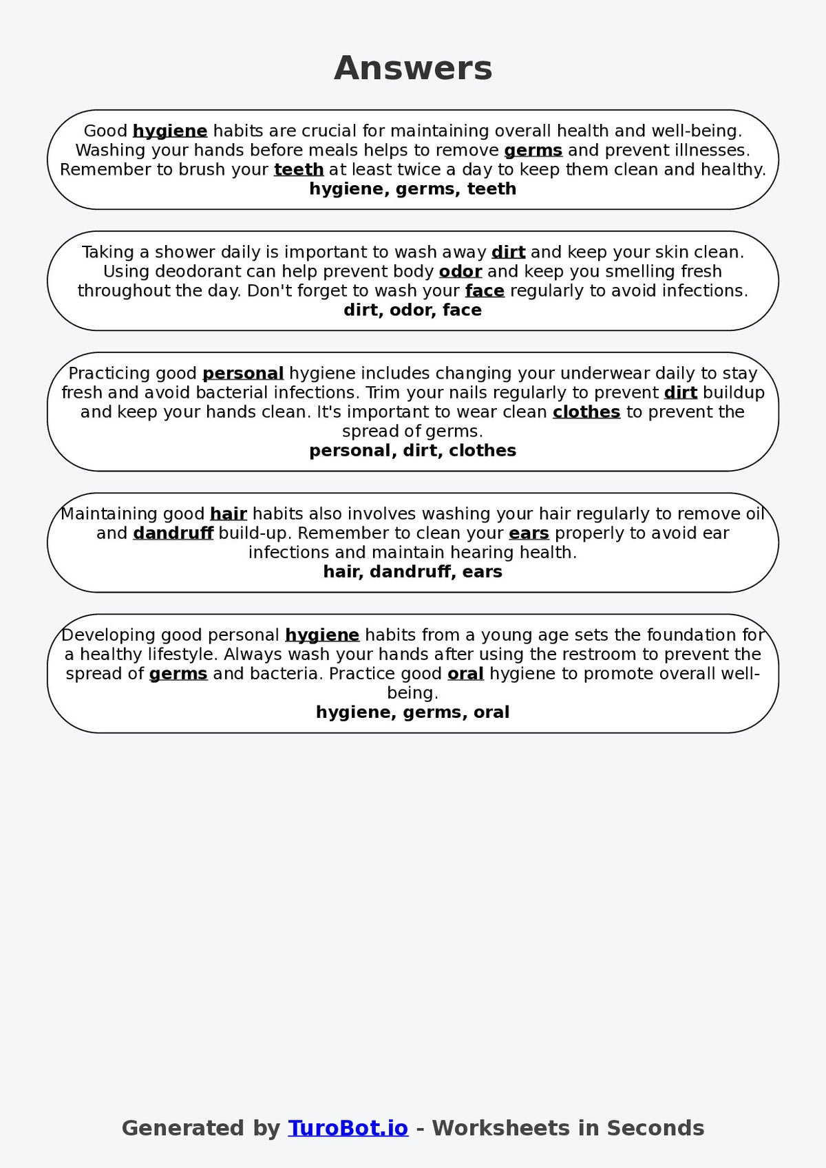 Year 7 Family and Consumer Science Fill in the Blanks Worksheet – Personal Hygiene Habits