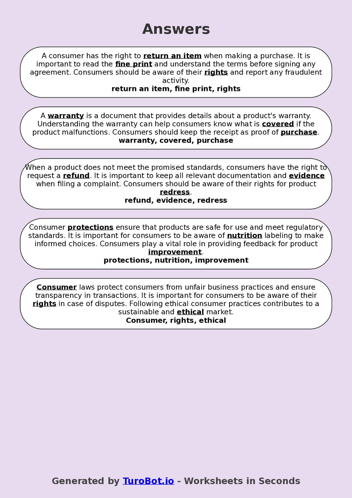 Year 9 Family and Consumer Science Fill in the Blanks Worksheet – Consumer Rights and Responsibilities