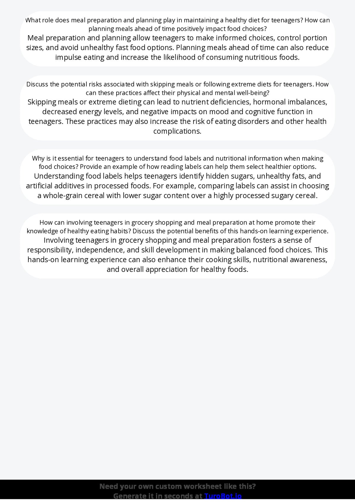 Free Worksheet - Year 9 Food Technology Healthy Meal Planning for Teenagers Short Answer Response