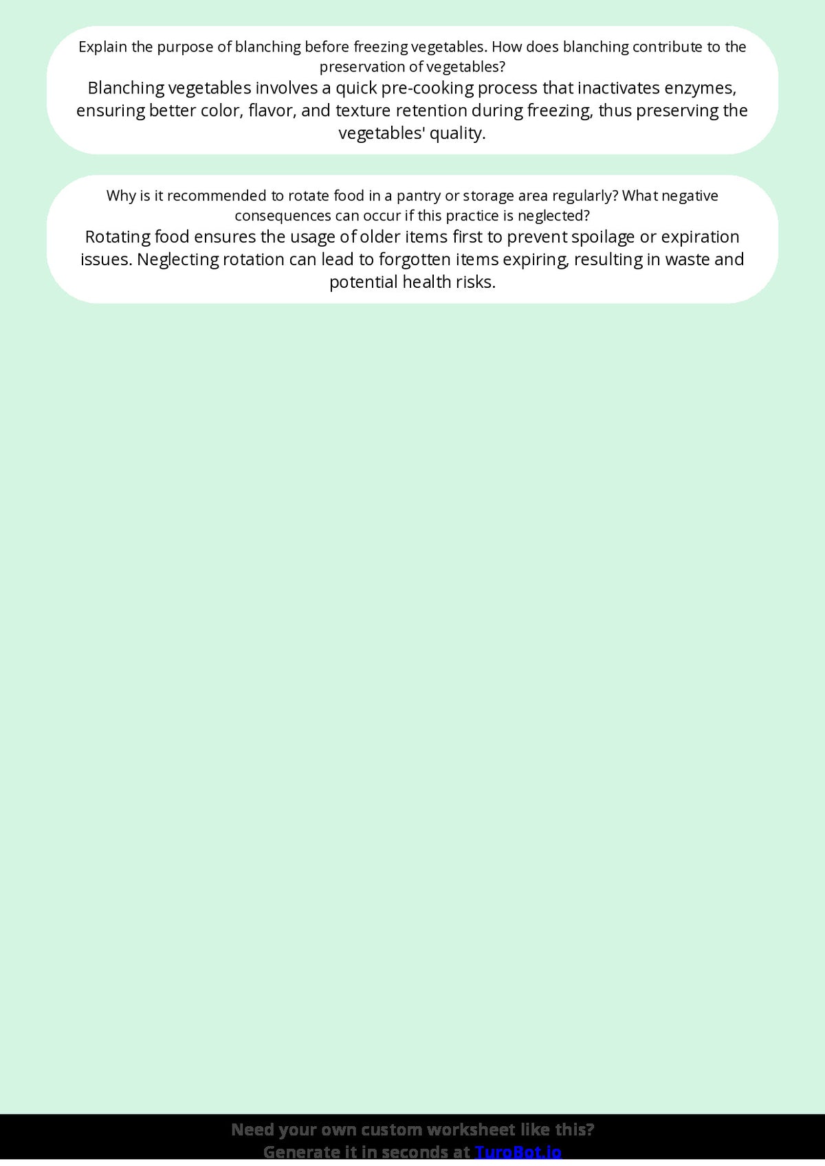 Free Worksheet - Year 8 Food Technology Safe Food Storage and Preservation Short Answer Response