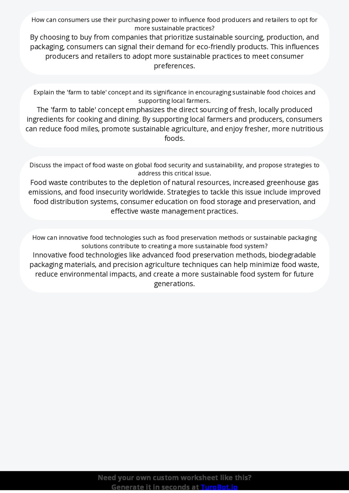 Free Worksheet - Year 9 Food Technology Sustainable Food Choices and Reducing Waste Short Answer Response