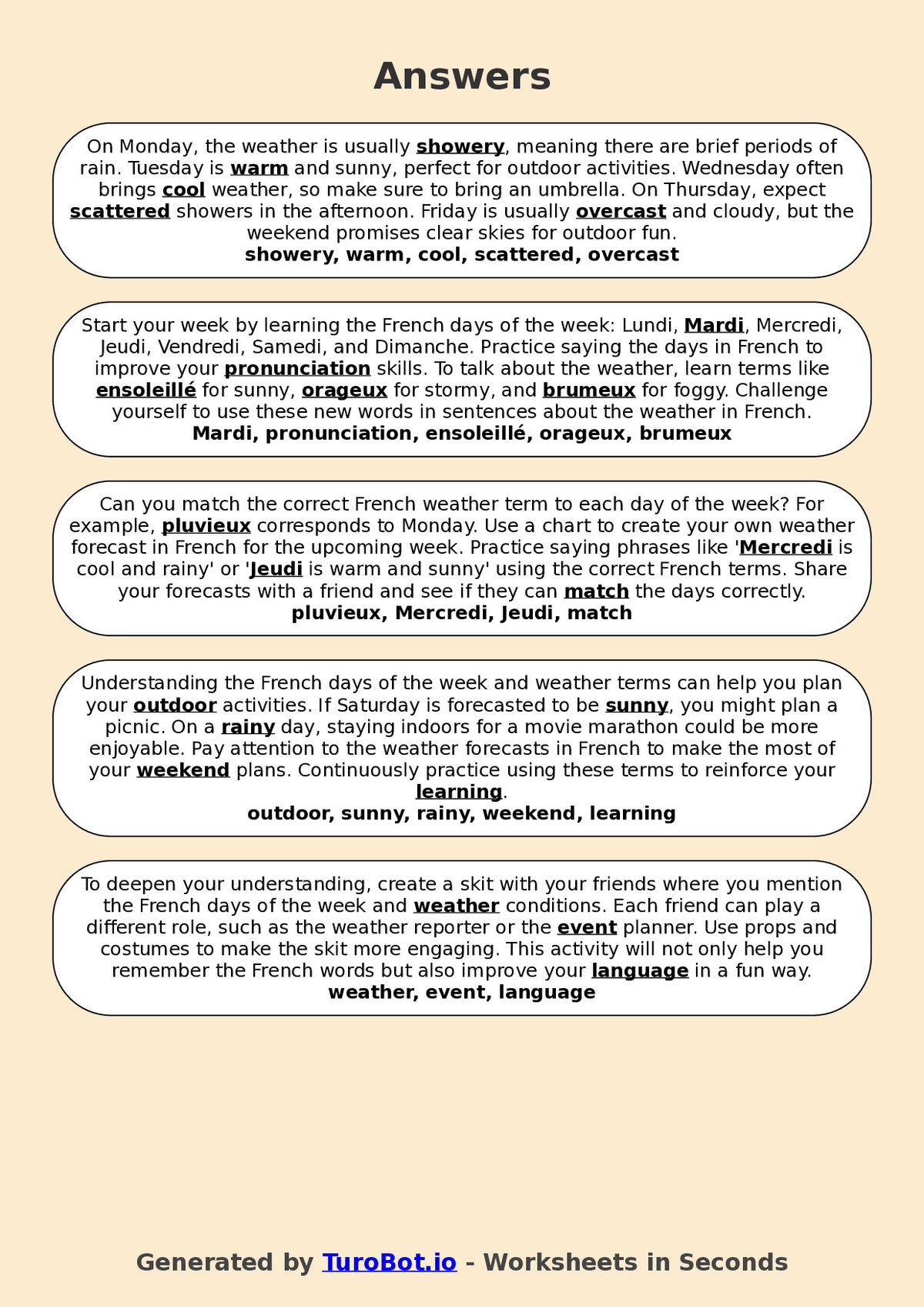 Year 7 French Fill in the Blanks Worksheet – French Days of the Week and Weather Terms