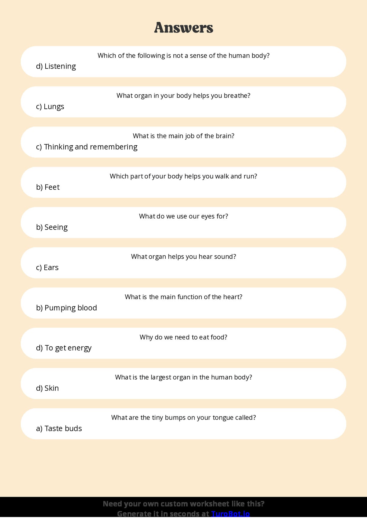Free Worksheet - Year 4 General Knowledge Human Body Basics Multiple Choice