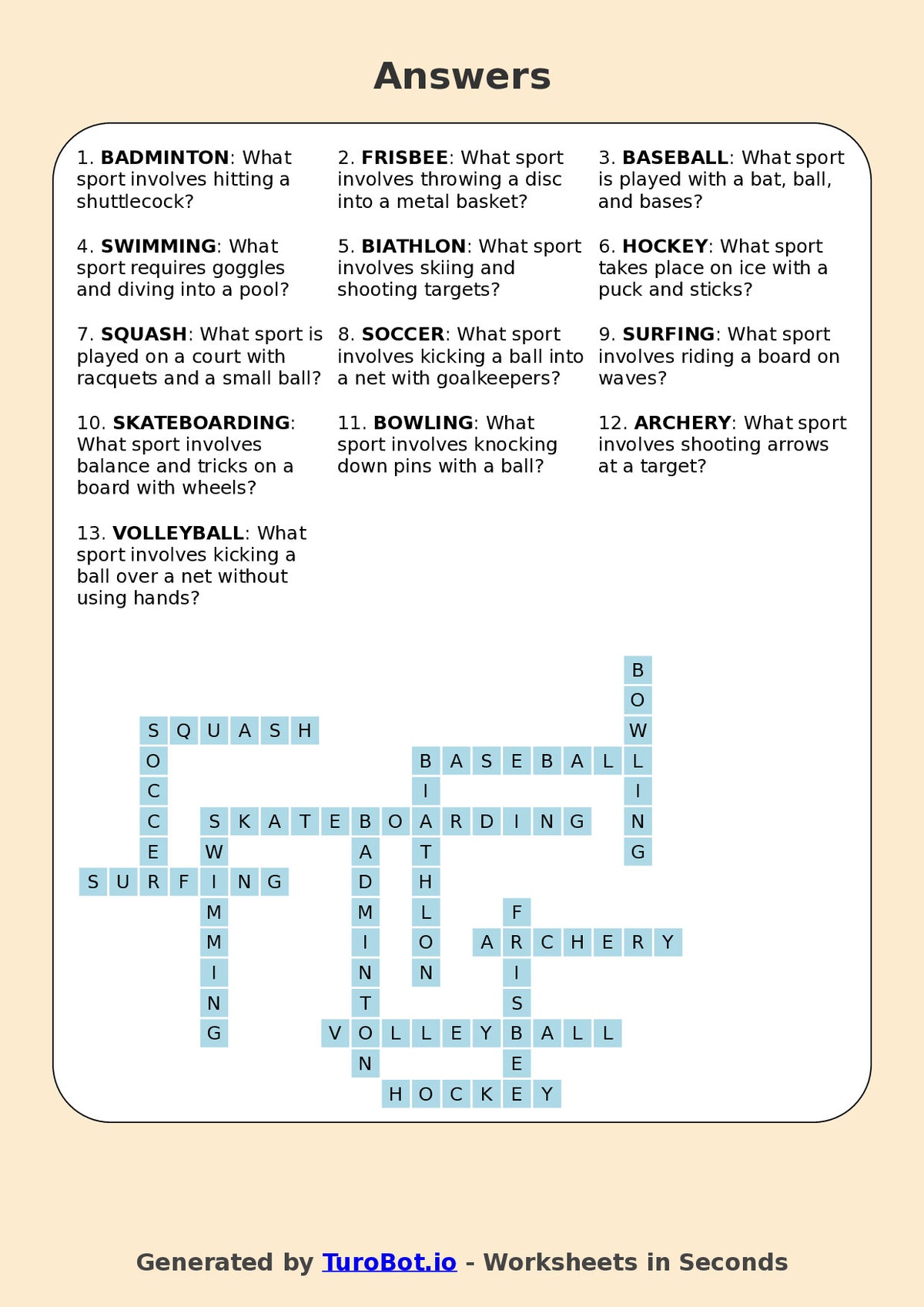 Year 5 General Knowledge Crossword Worksheet – Names of Sports