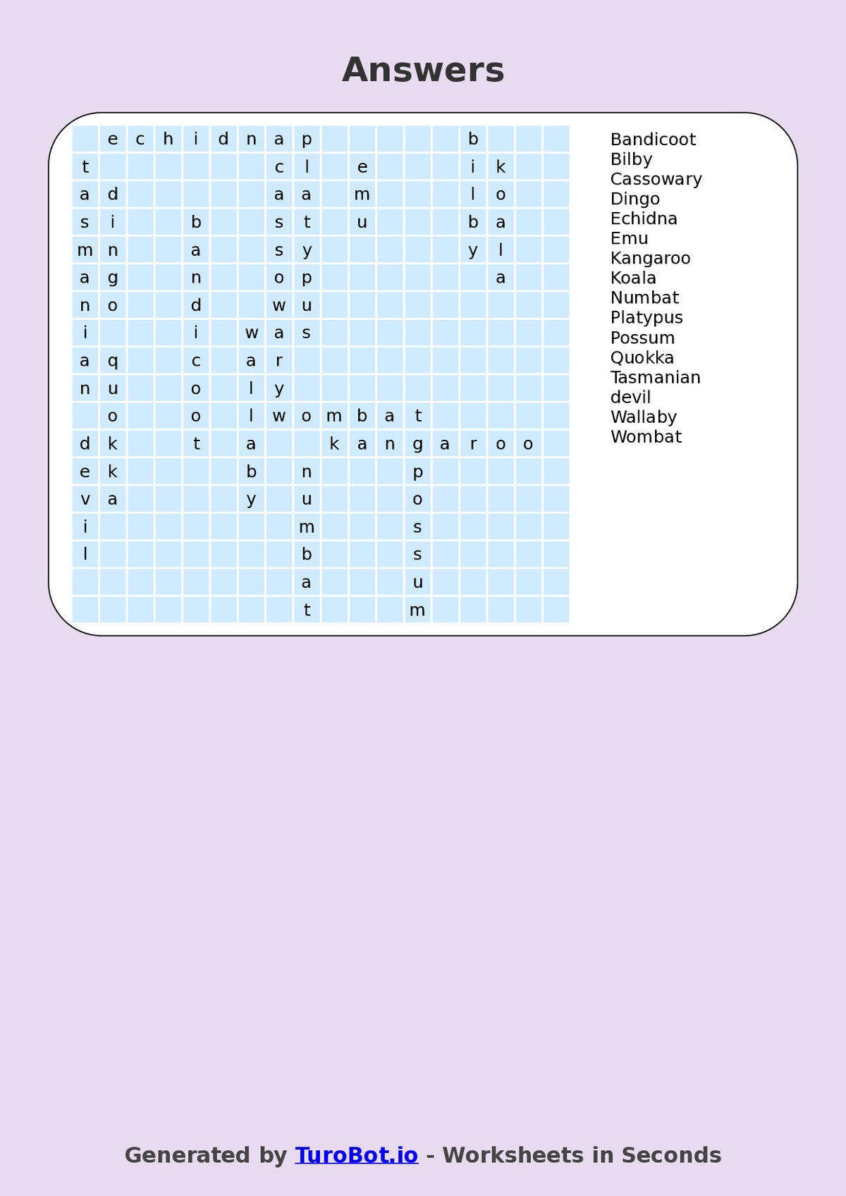 Year 5 General Knowledge Find a Word Worksheet – Names of Australian Animals