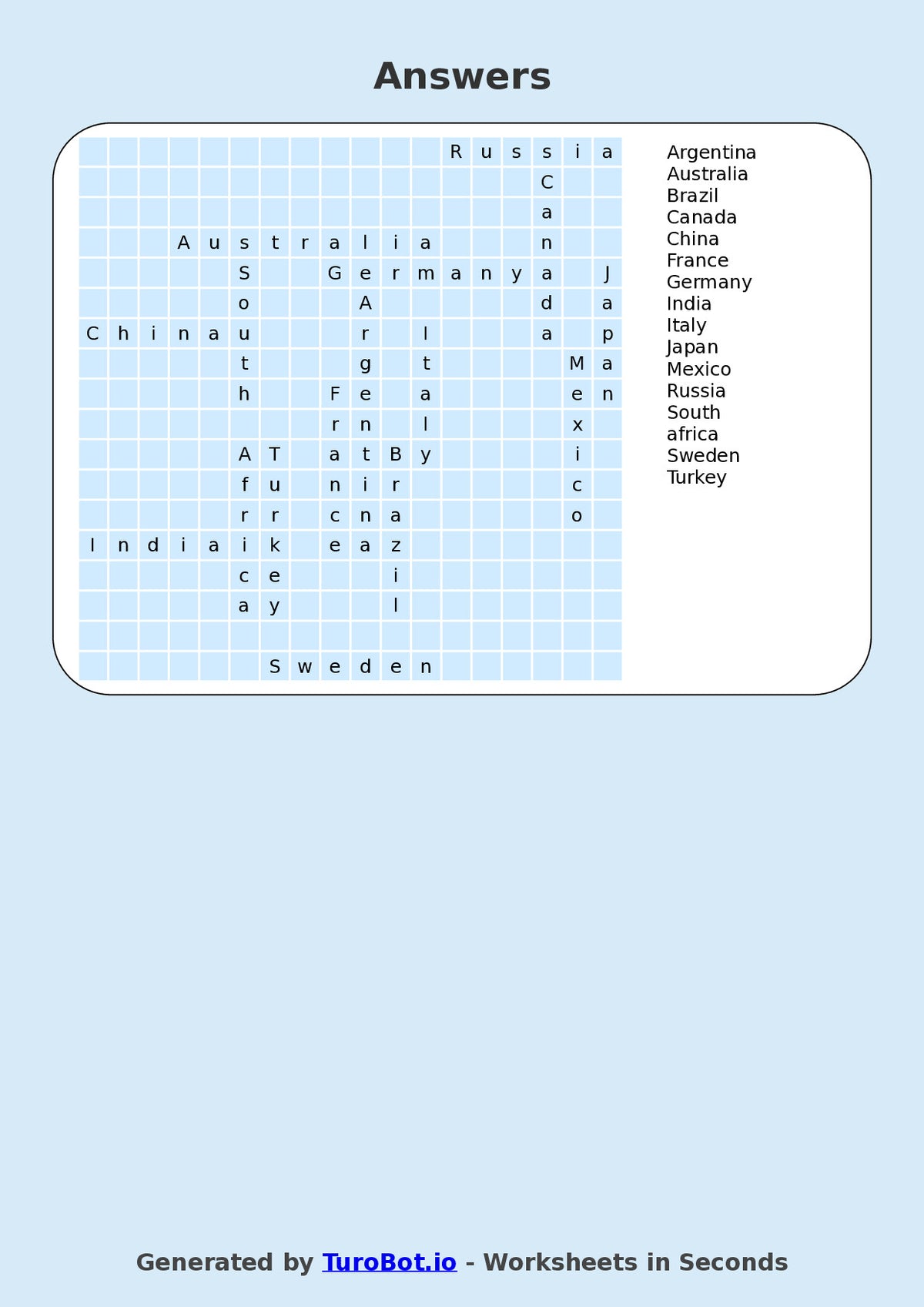 Year 5 General Knowledge Find a Word Worksheet – Names of Countries of the World