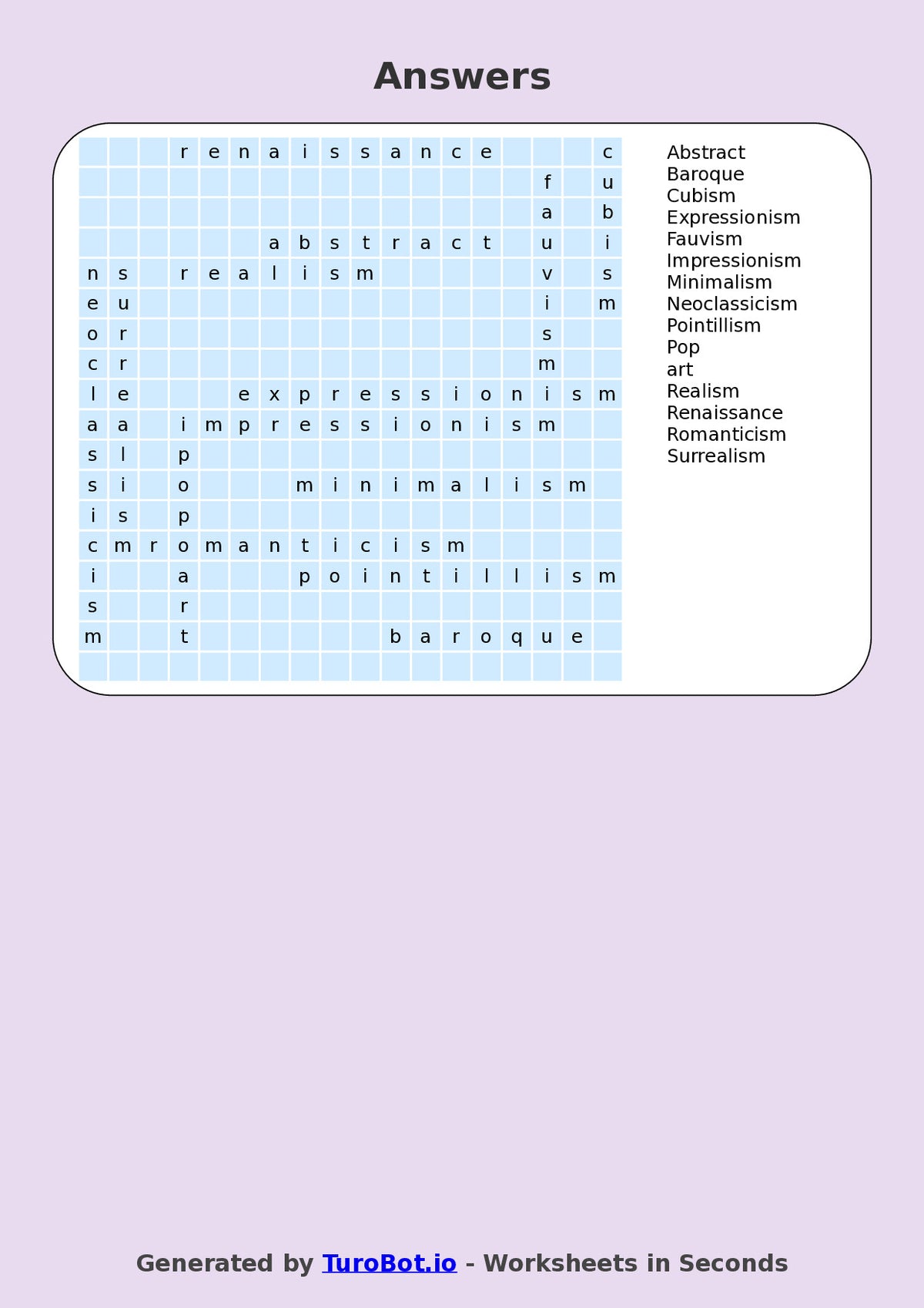 Year 5 General Knowledge Find a Word Worksheet – Names of Painting Styles