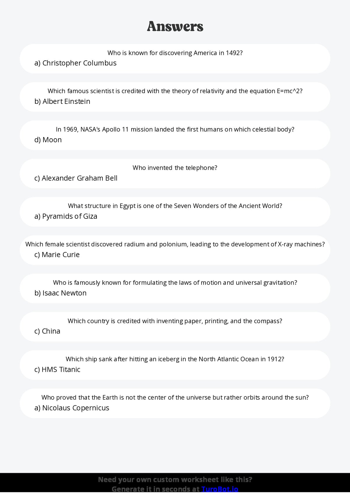 Free Worksheet - Year 5 General Knowledge Important World Discoveries Multiple Choice