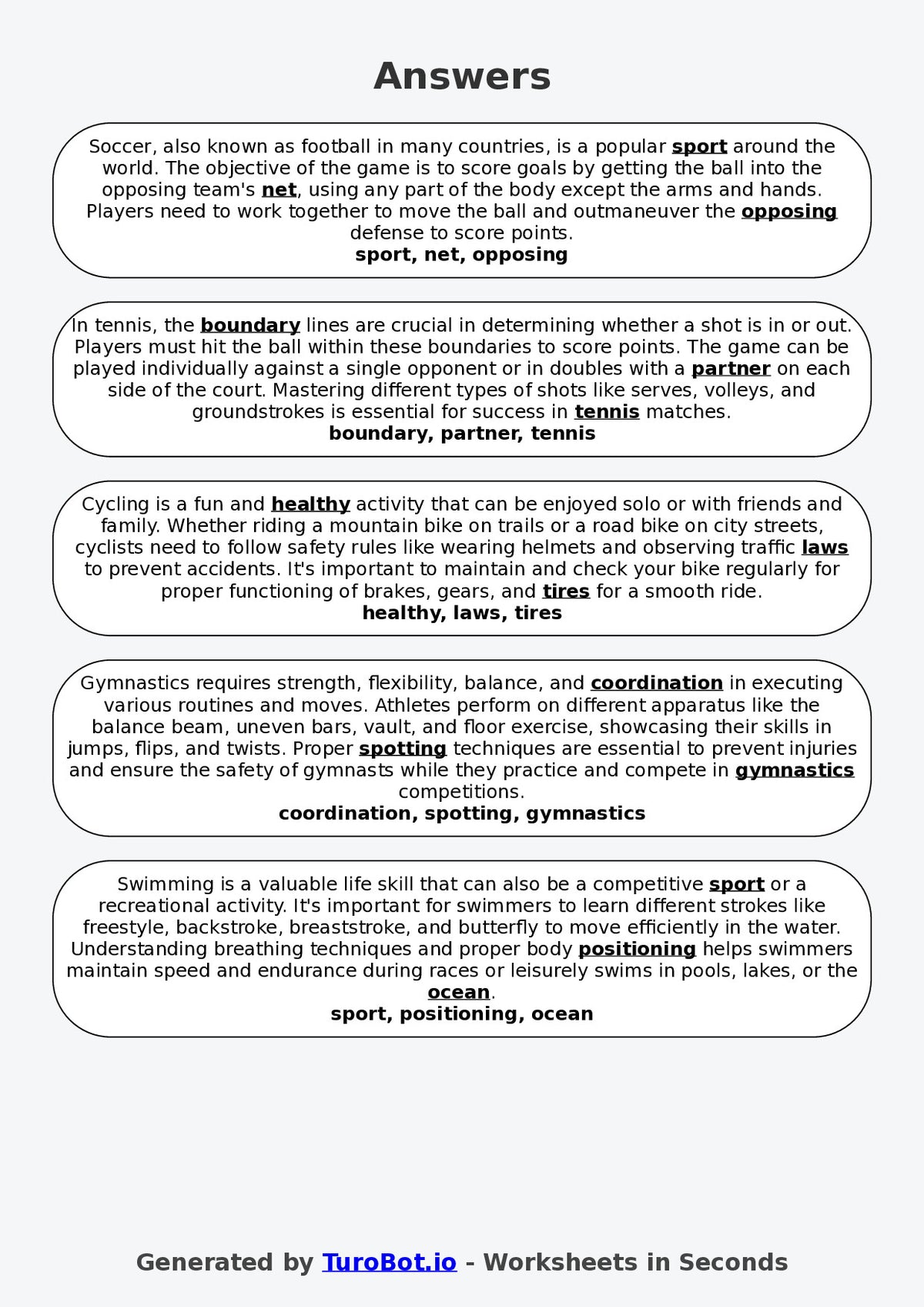 Year 6 General Knowledge Fill in the Blanks Worksheet – Sports and Activities
