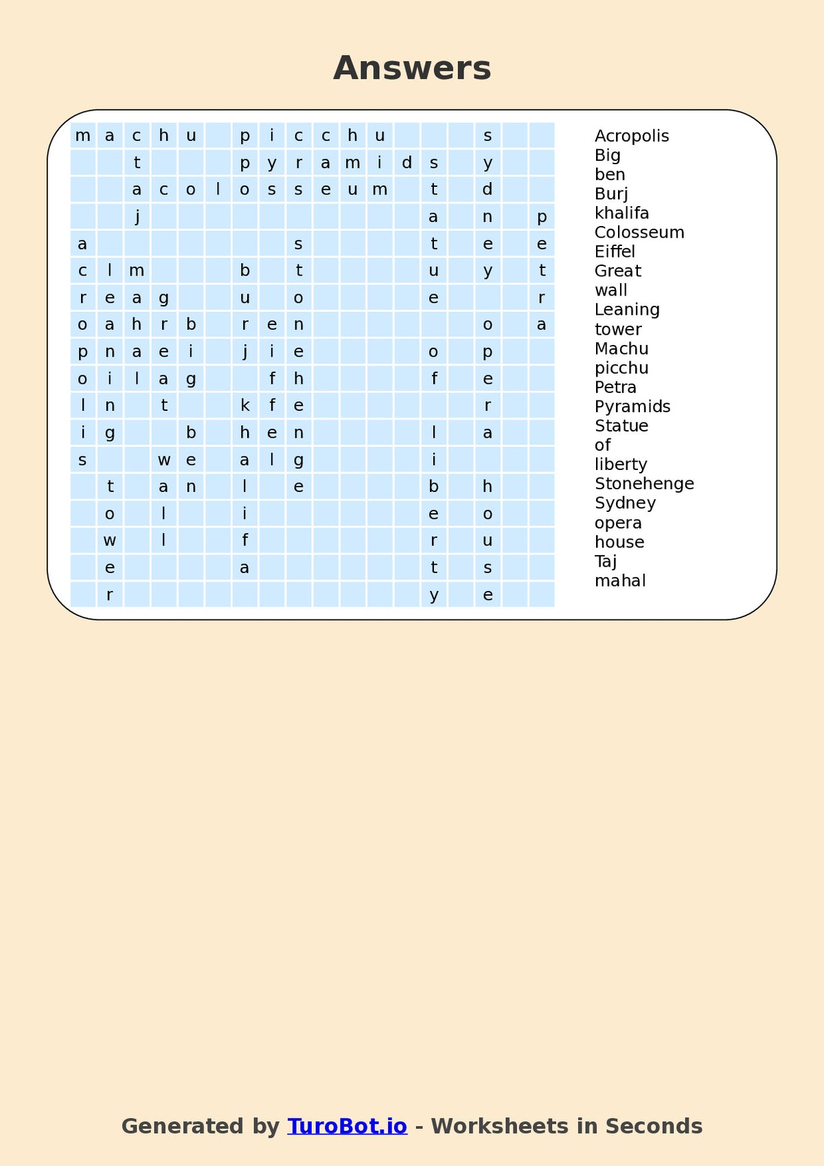 Year 6 General Knowledge Find a Word Worksheet – Names of Famous Landmarks from Around the World