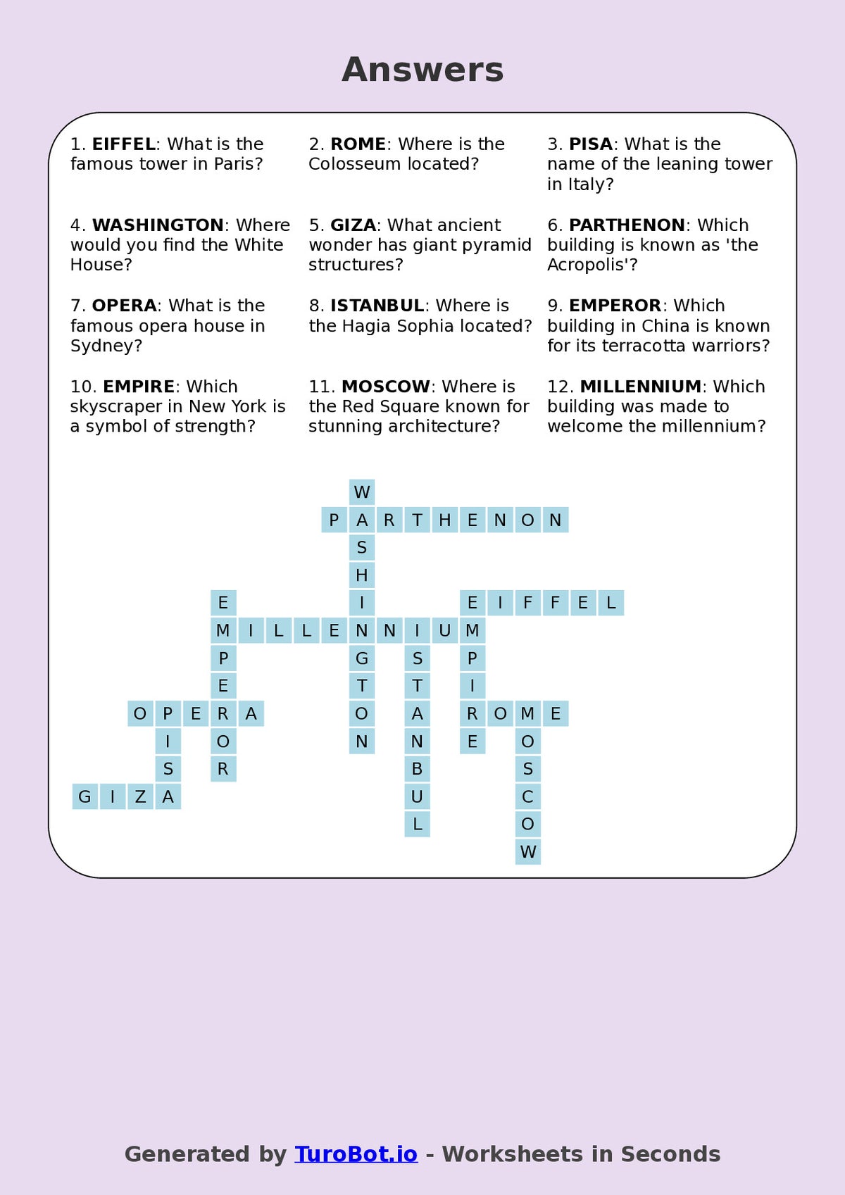 Year 7 General Knowledge Crossword Worksheet – Names of Famous Buildings Around the World