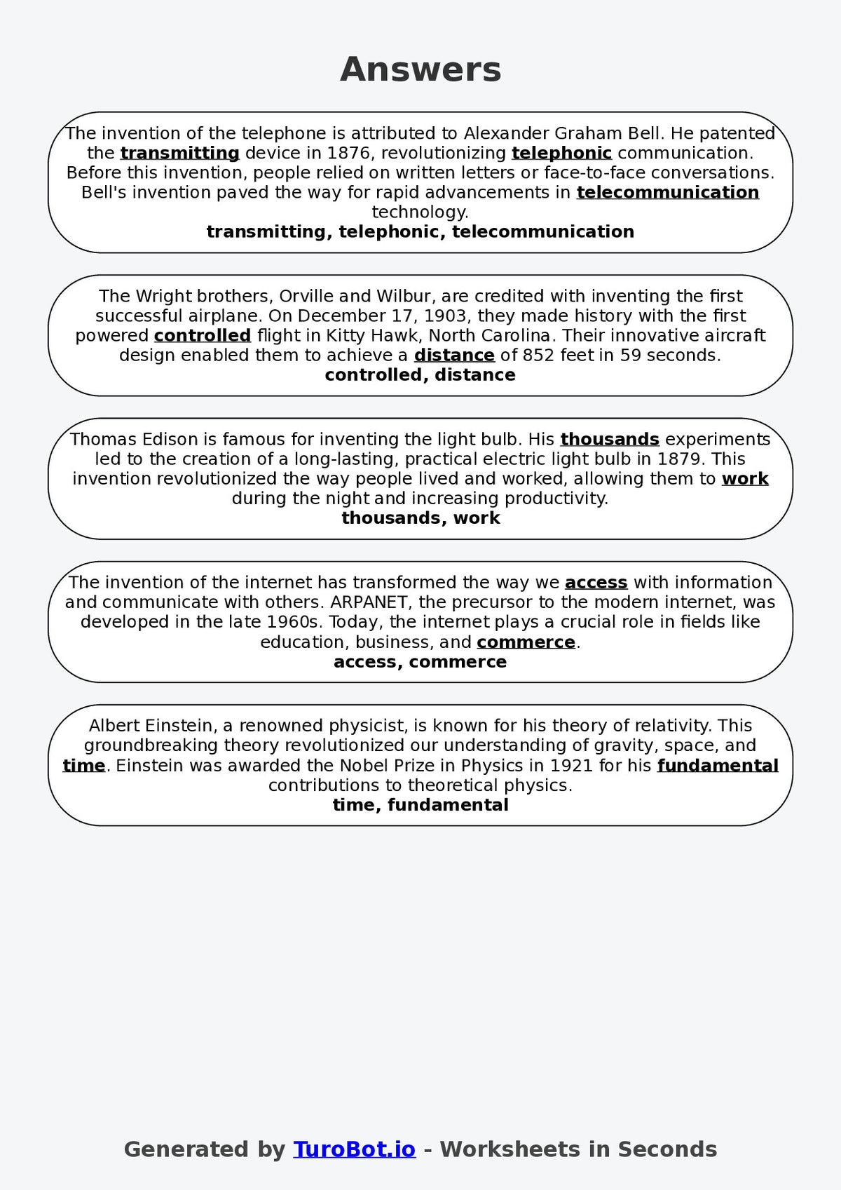 Year 7 General Knowledge Fill in the Blanks Worksheet – Inventions and Inventors