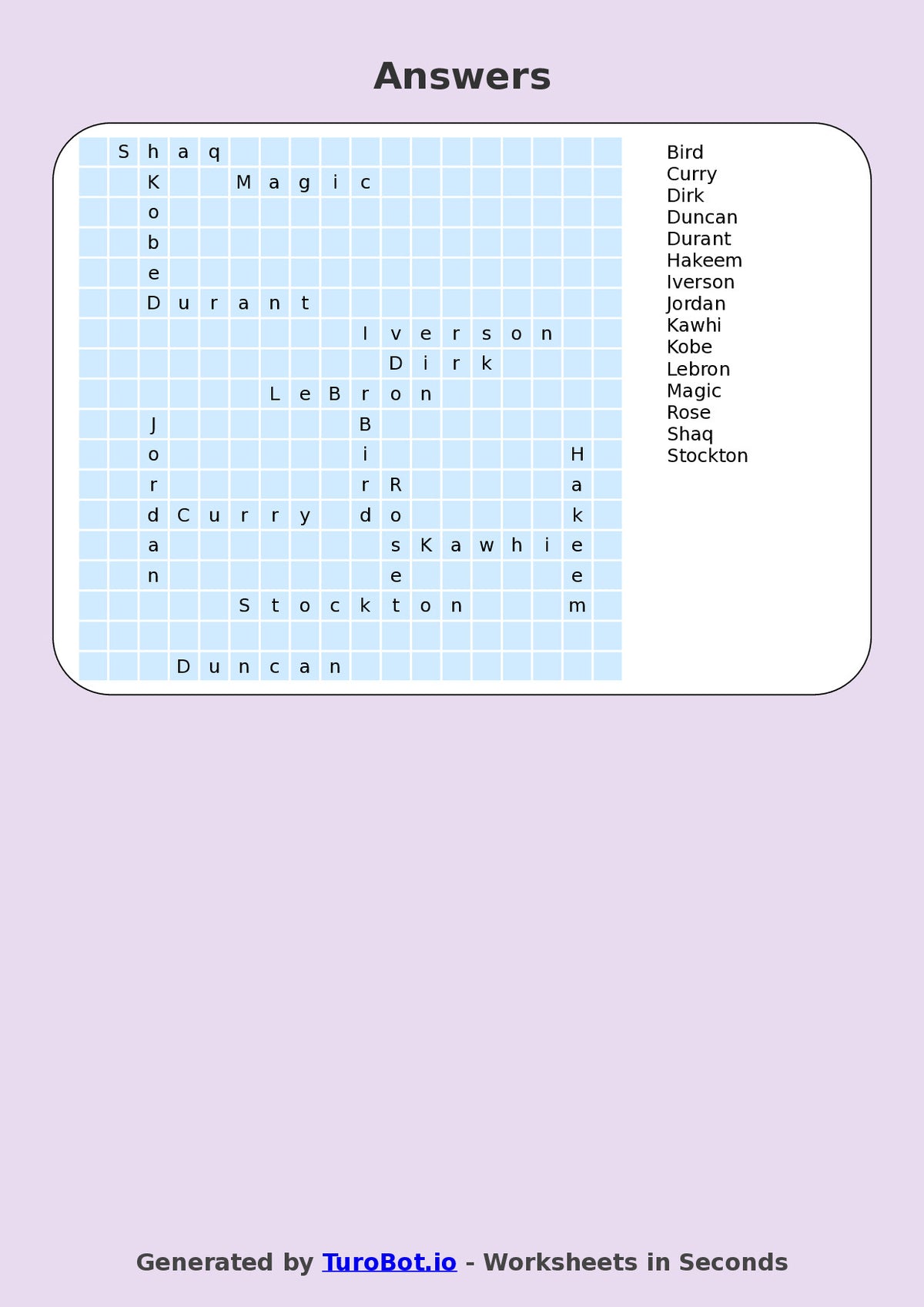 Year 7 General Knowledge Find a Word Worksheet – Names of Famous Basketball Players