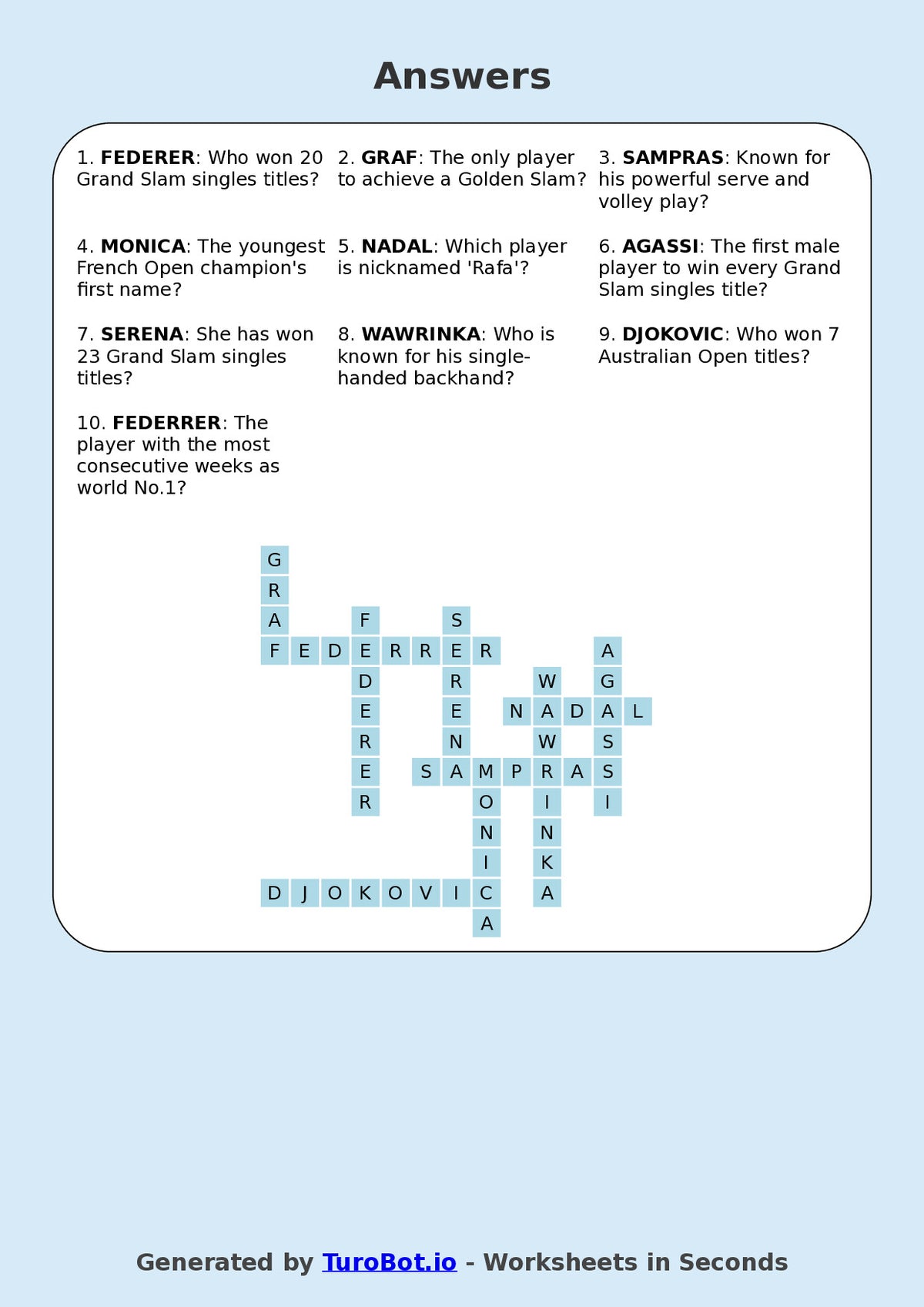 Year 8 General Knowledge Crossword Worksheet – Names of Famous Tennis Players