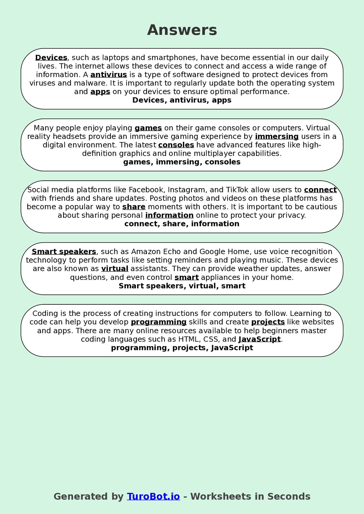 Year 8 General Knowledge Fill in the Blanks Worksheet – Technology Terms and Gadgets