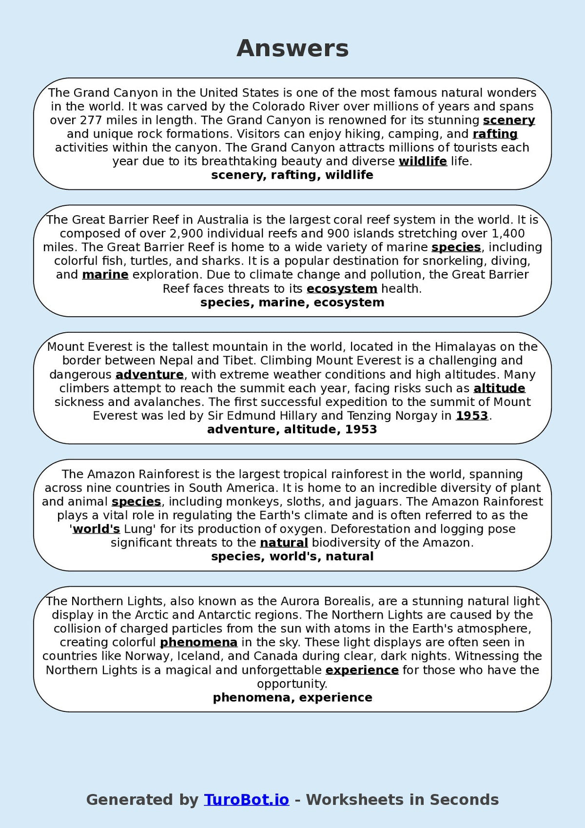 Year 9 General Knowledge Fill in the Blanks Worksheet – Natural Wonders of the World