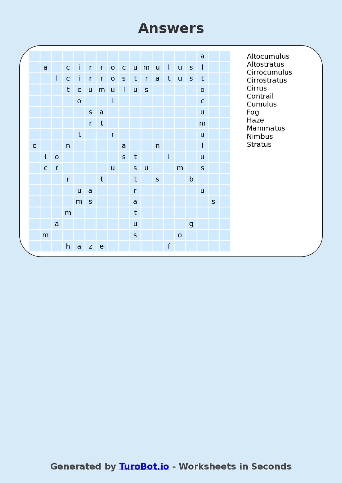 General Knowledge - Year 4 - Find a Word - Types of Clouds – Free Find a Word Worksheet