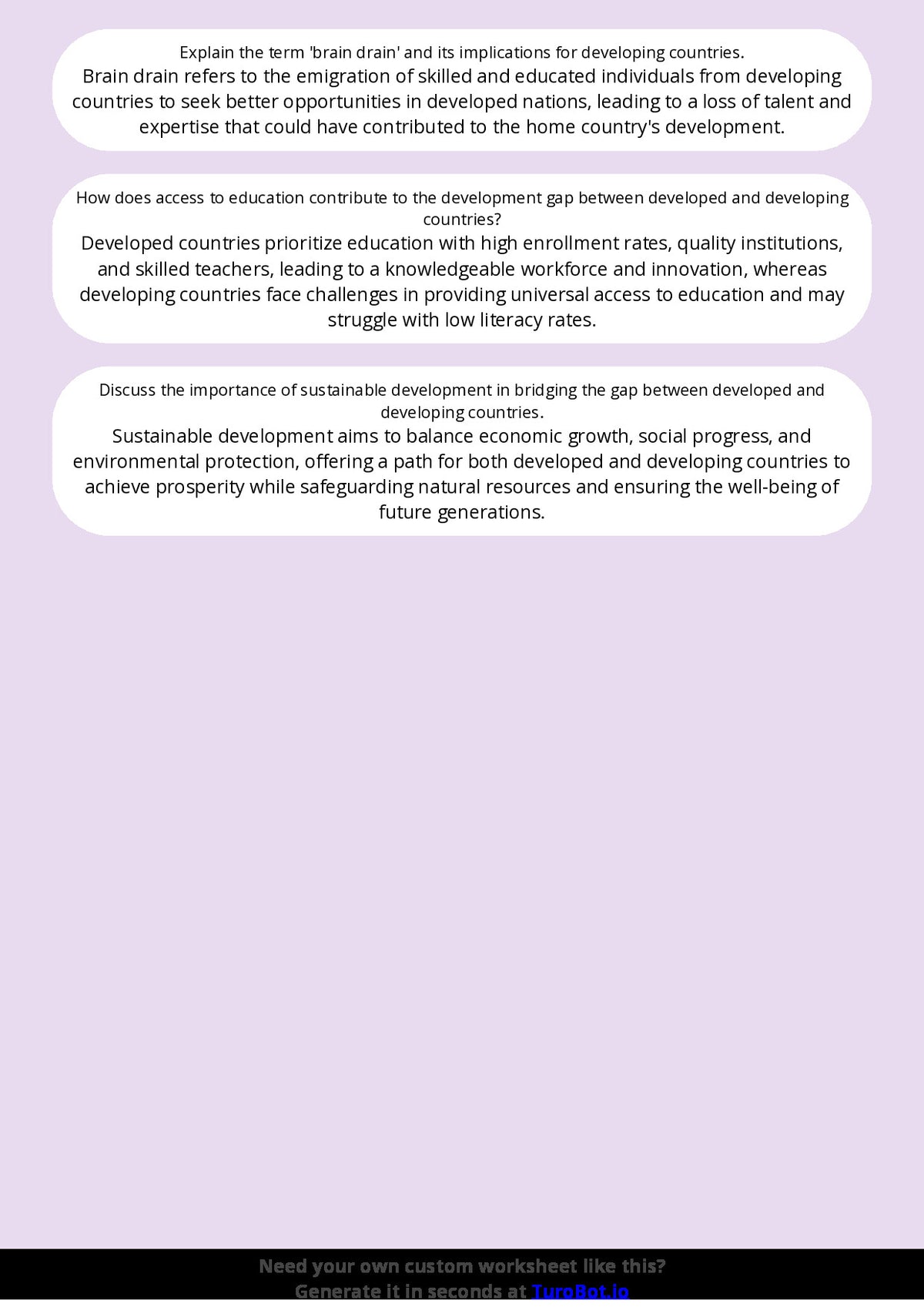 Free Worksheet - Year 10 Geography Comparing Developed and Developing Countries Short Answer Response