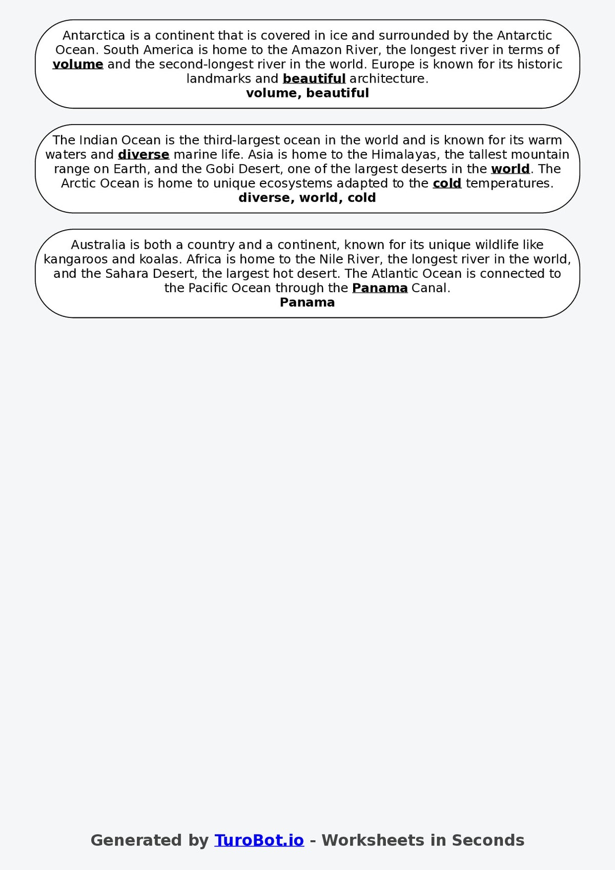 Year 2 Geography Fill in the Blanks Worksheet – Continents and Oceans