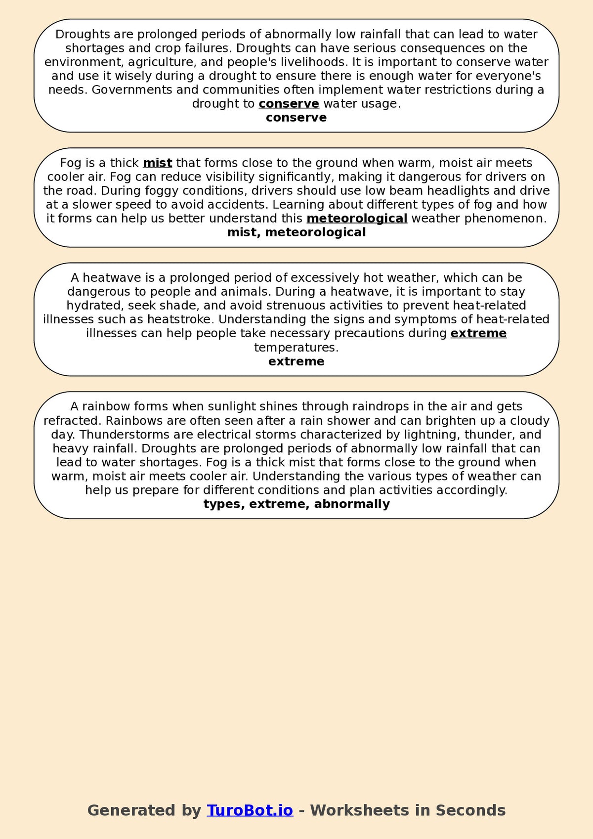 Year 3 Geography Fill in the Blanks Worksheet – Types of Weather