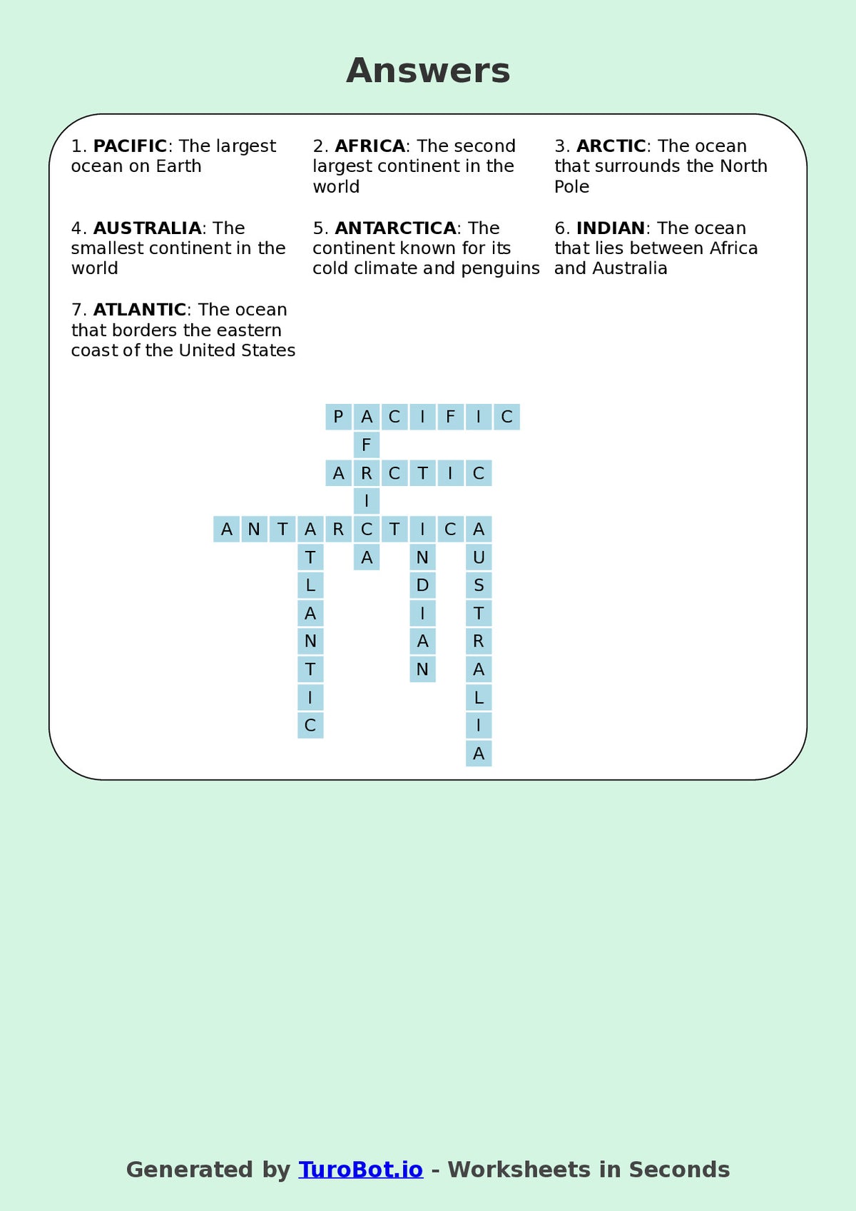 Year 4 Geography Crossword Worksheet – Names of Continents & Oceans