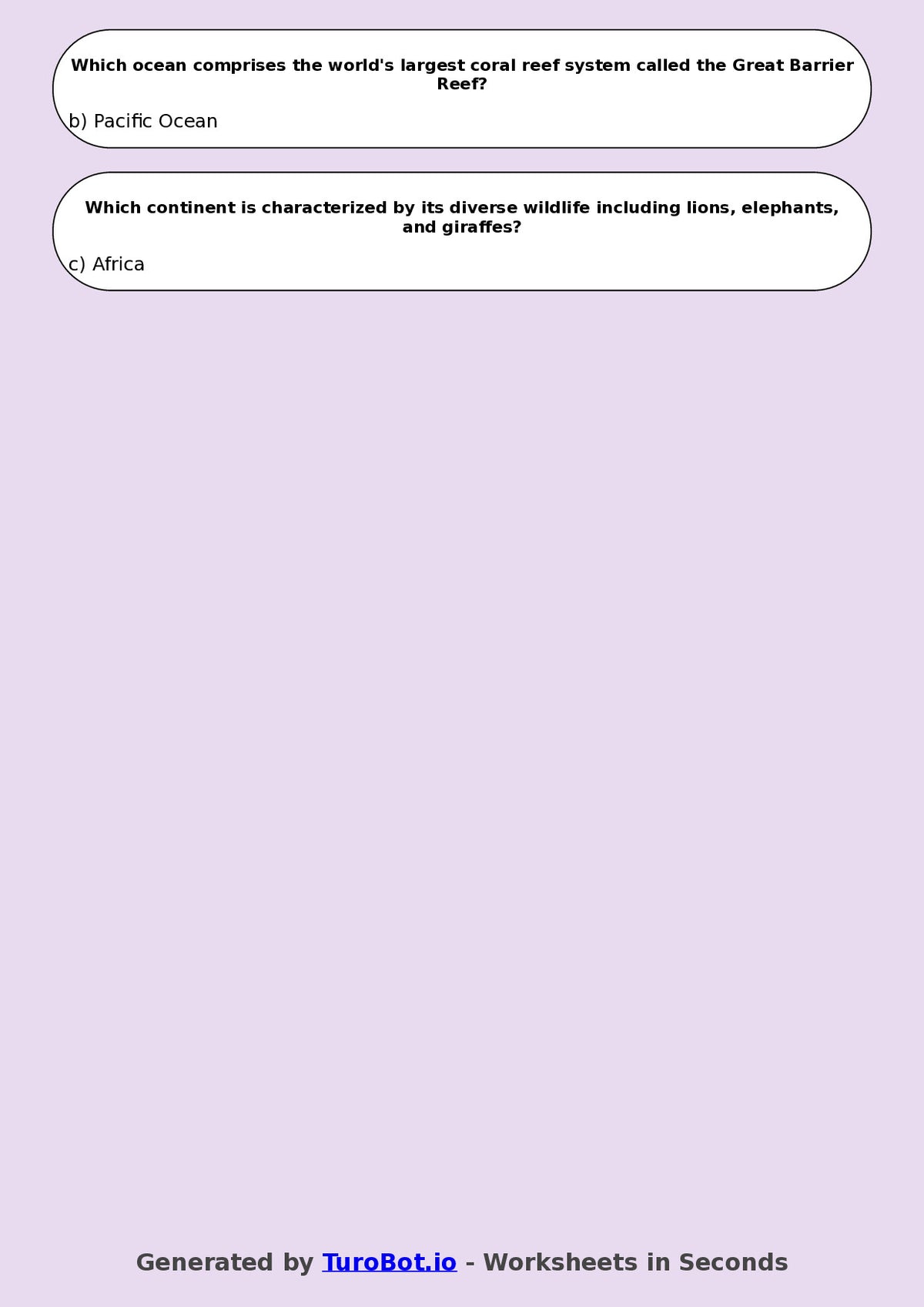 Year 5 Geography Multiple Choice Worksheet – Continents & Oceans