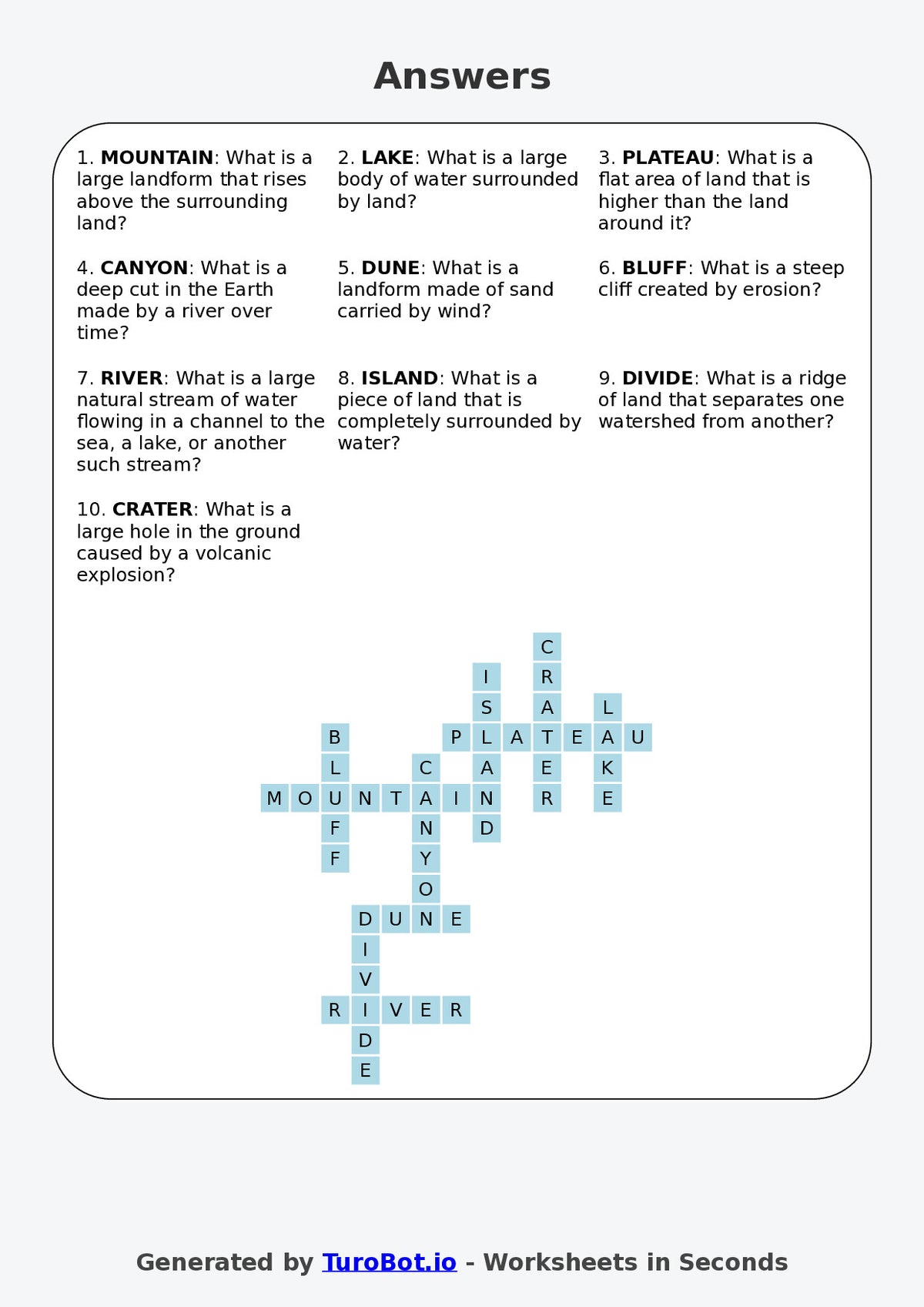 Year 6 Geography Crossword Worksheet – Landforms Vocabulary