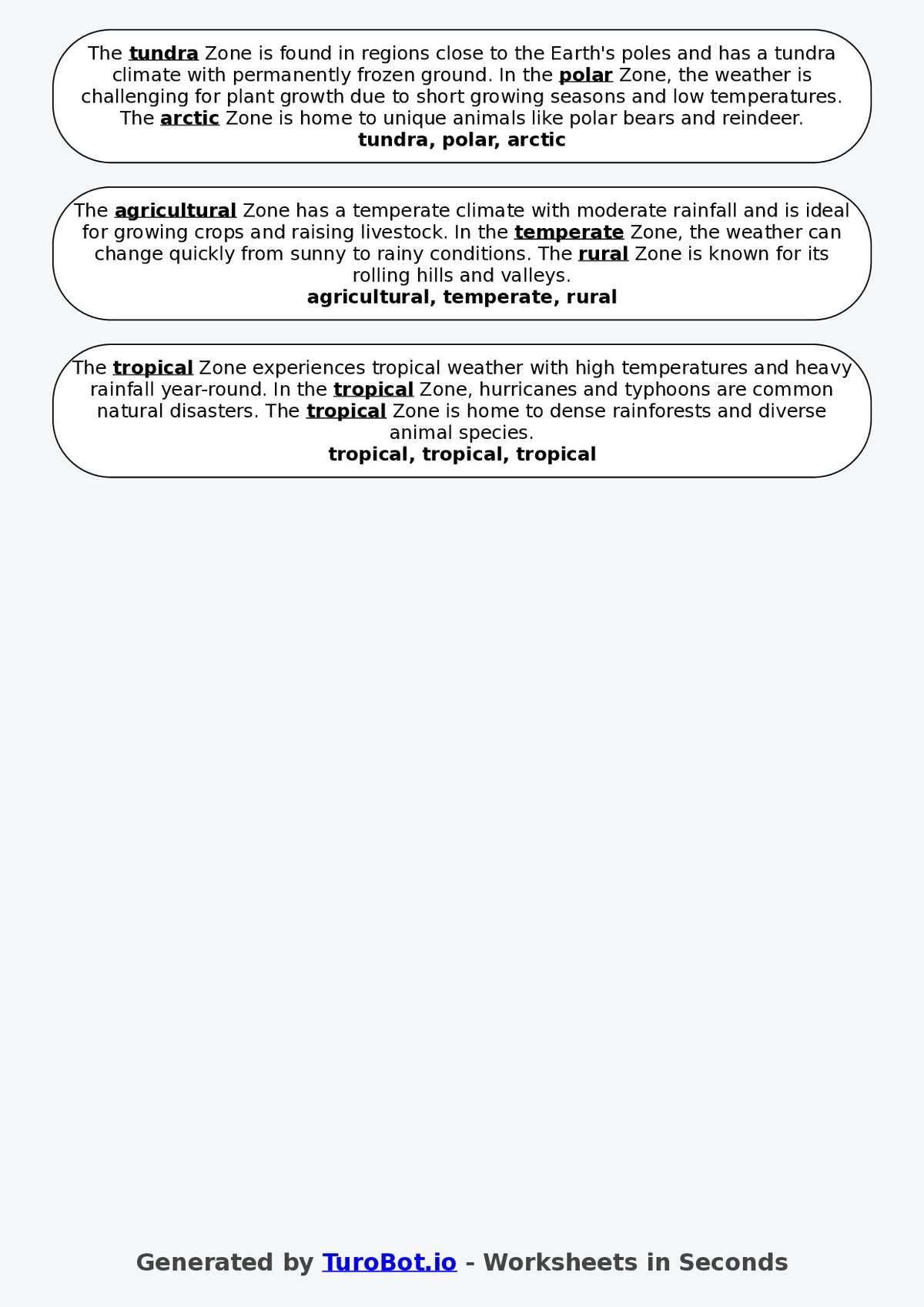 Year 6 Geography Fill in the Blanks Worksheet – Climate Zones