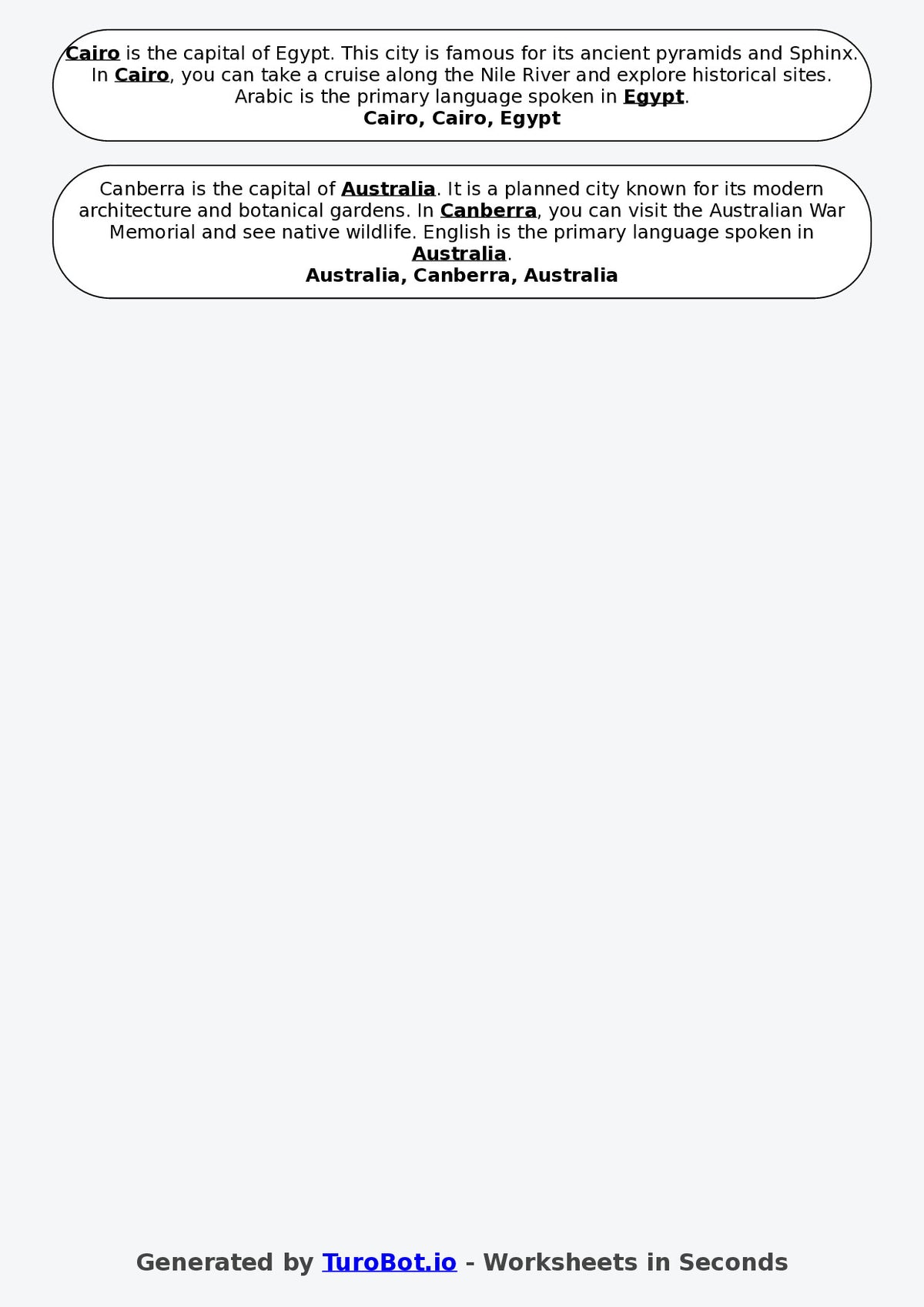 Year 6 Geography Fill in the Blanks Worksheet – Countries and Capitals