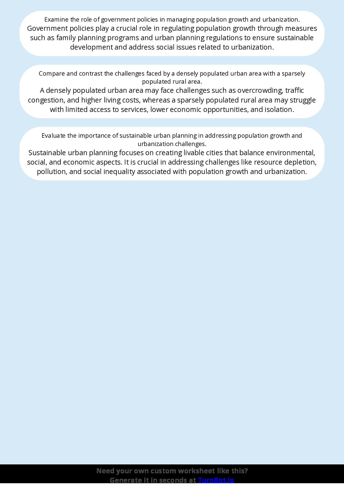 Free Worksheet - Year 8 Geography Population Growth and Urbanisation Short Answer Response