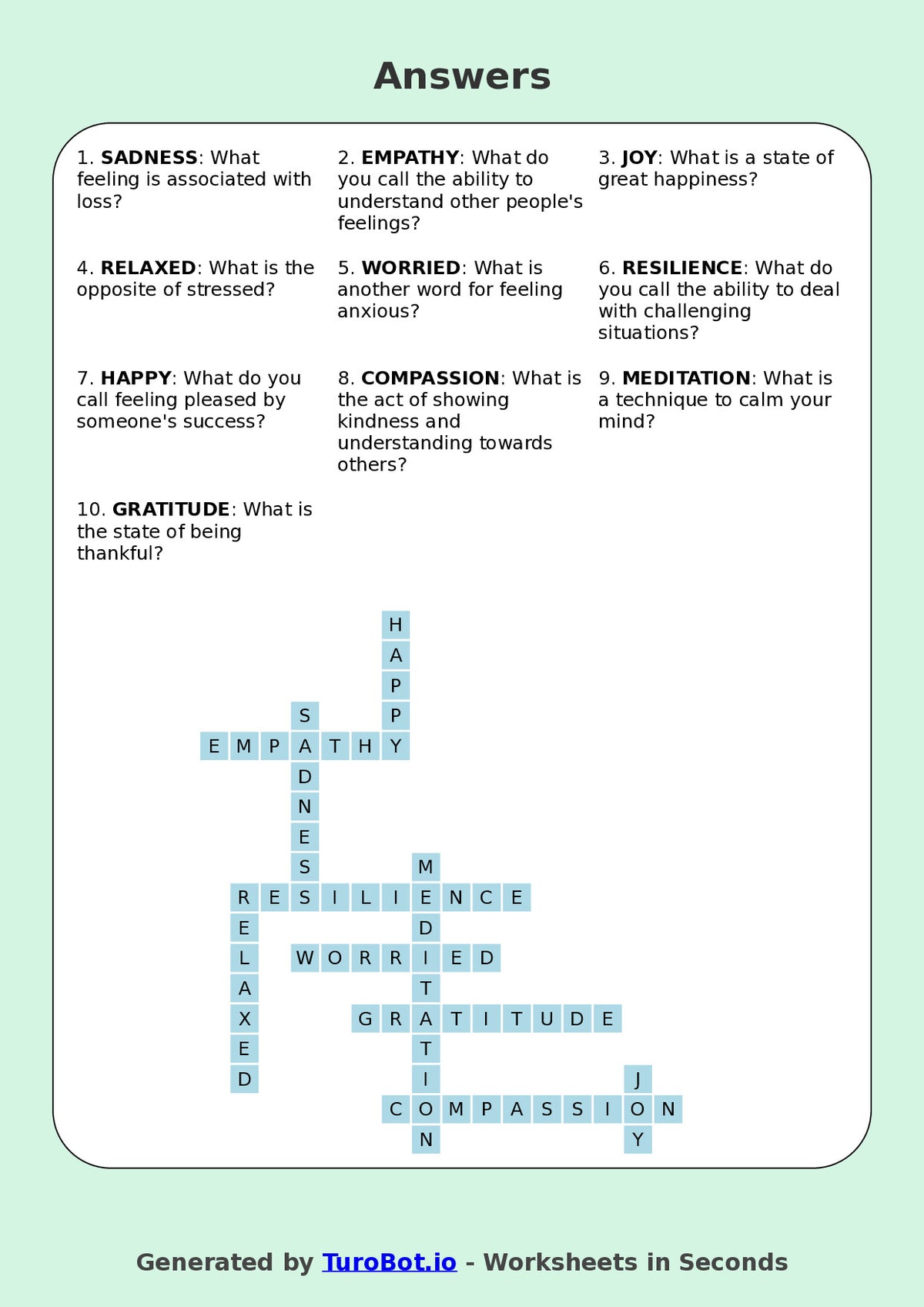 Year 6 Health & Wellbeing Crossword Worksheet – Emotional Awareness