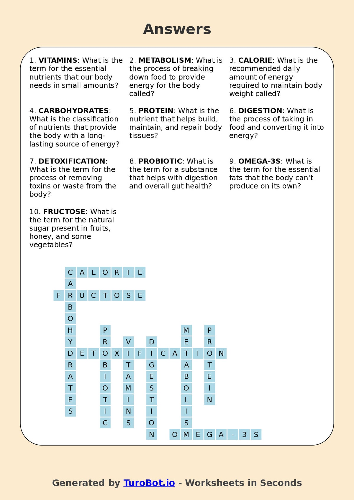 Health and Wellbeing - Year 9 - Crossword - Nutrition and Healthy Eating