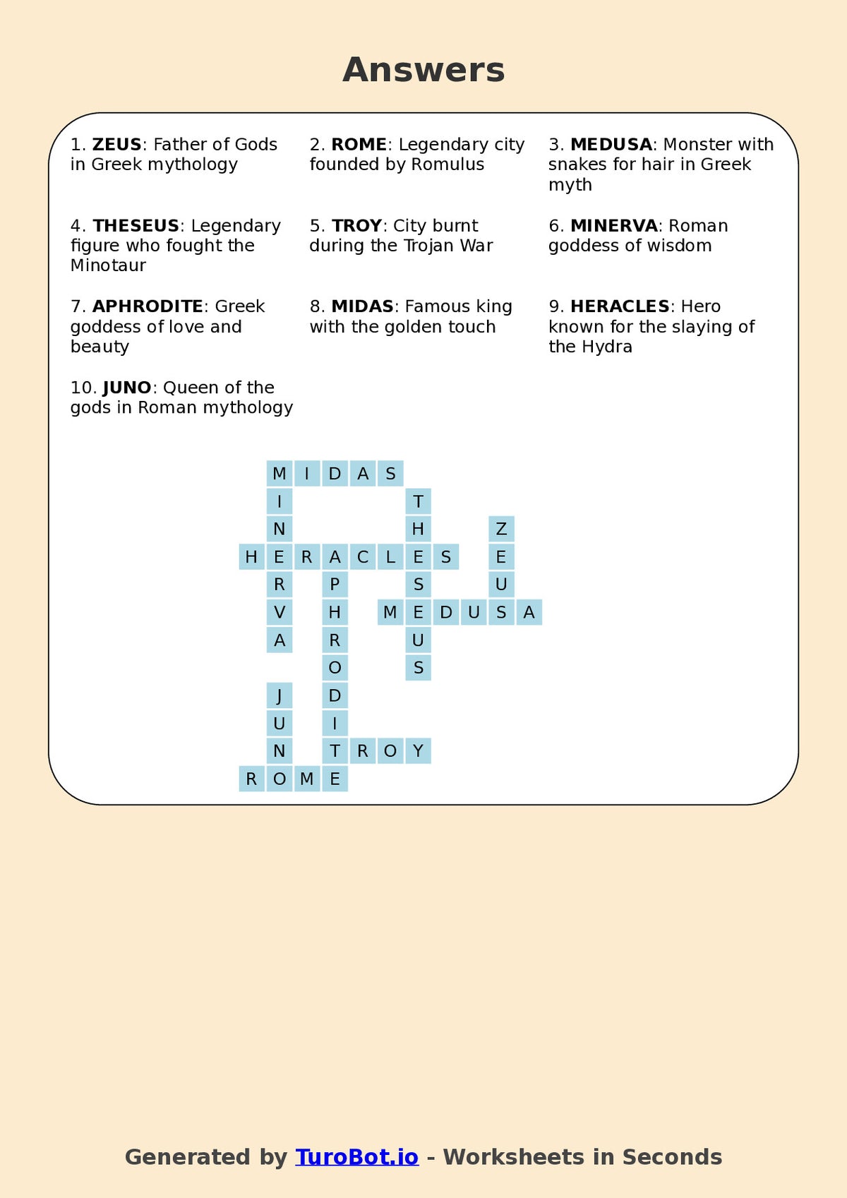 Year 6 History Crossword Worksheet – Ancient Mythology