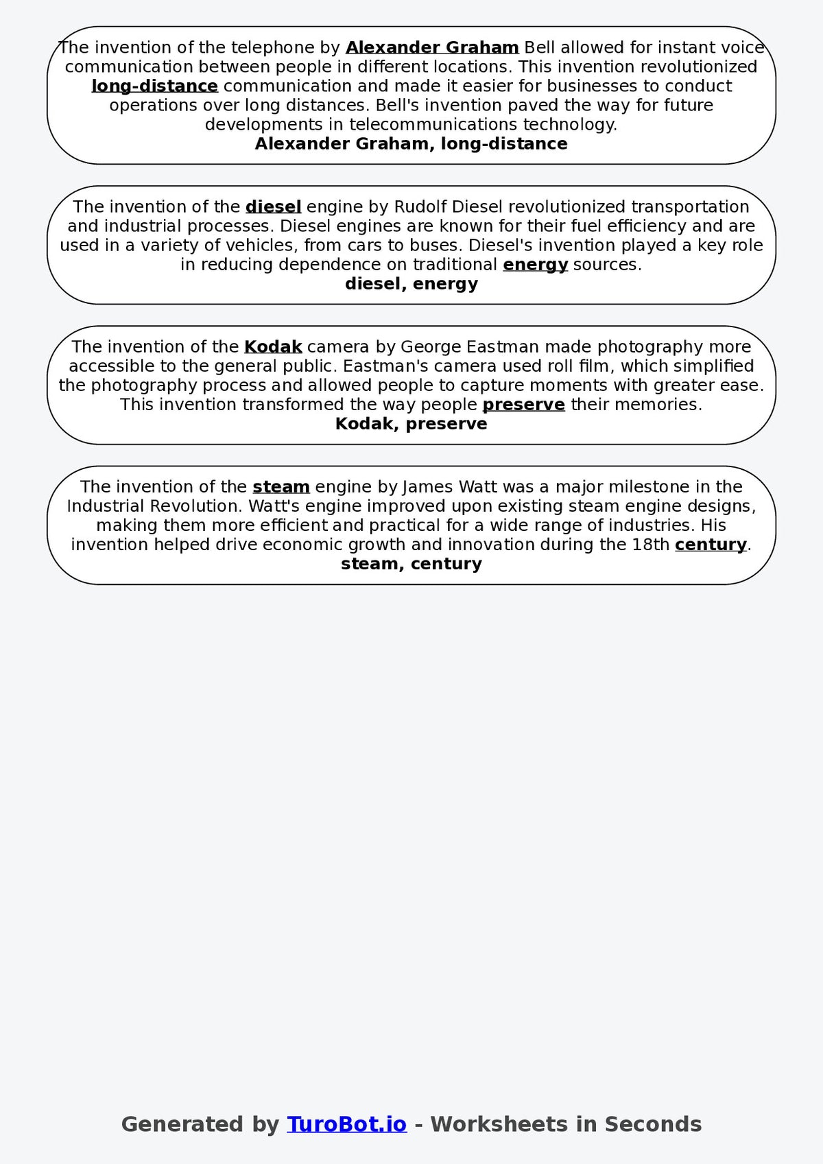 Year 6 History Fill in the Blanks Worksheet – Inventions That Changed the World
