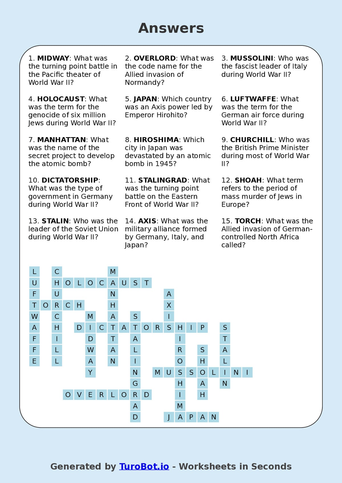 History - Year 8 - Crossword - World War II Key Terms