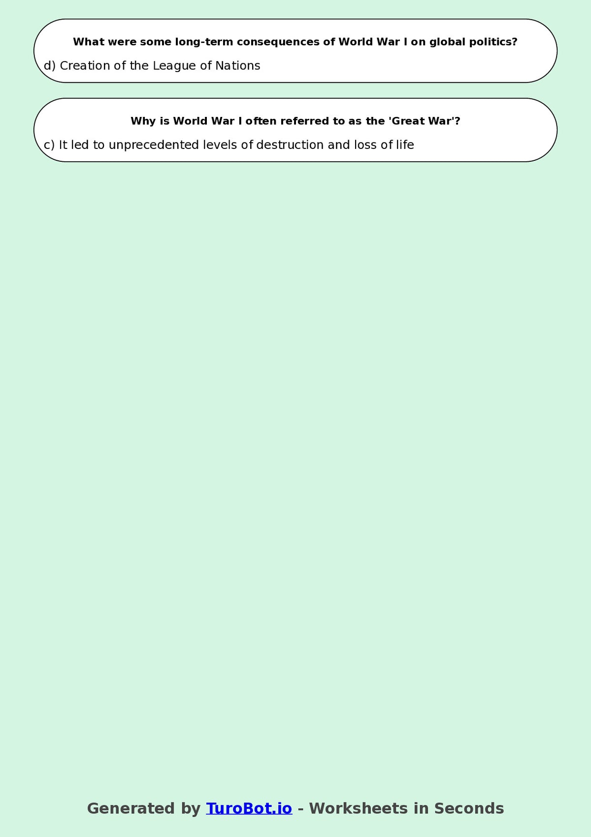 Year 8 History Multiple Choice Worksheet – World War I Basics