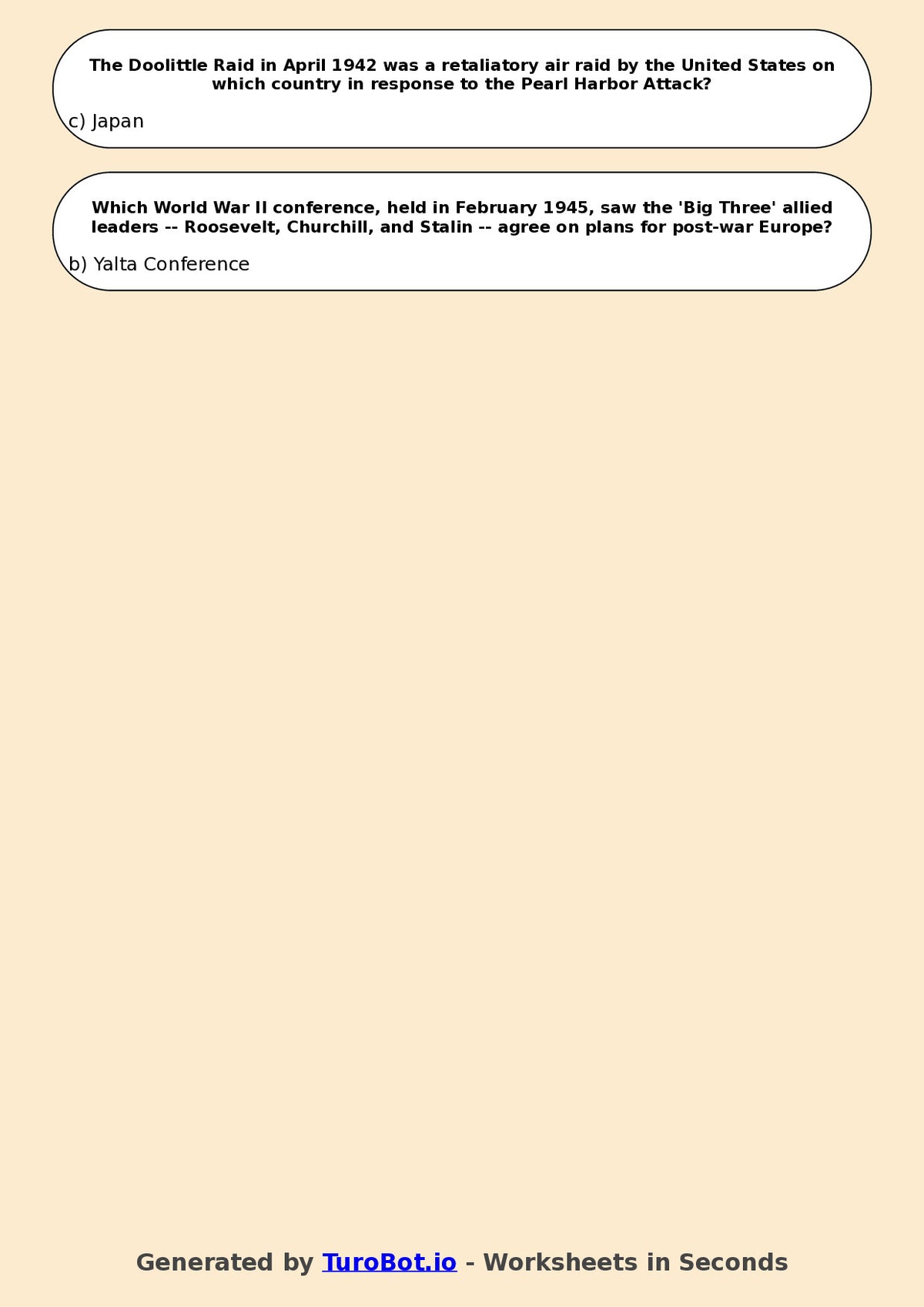 Year 9 History Multiple Choice Worksheet – World War II Key Events