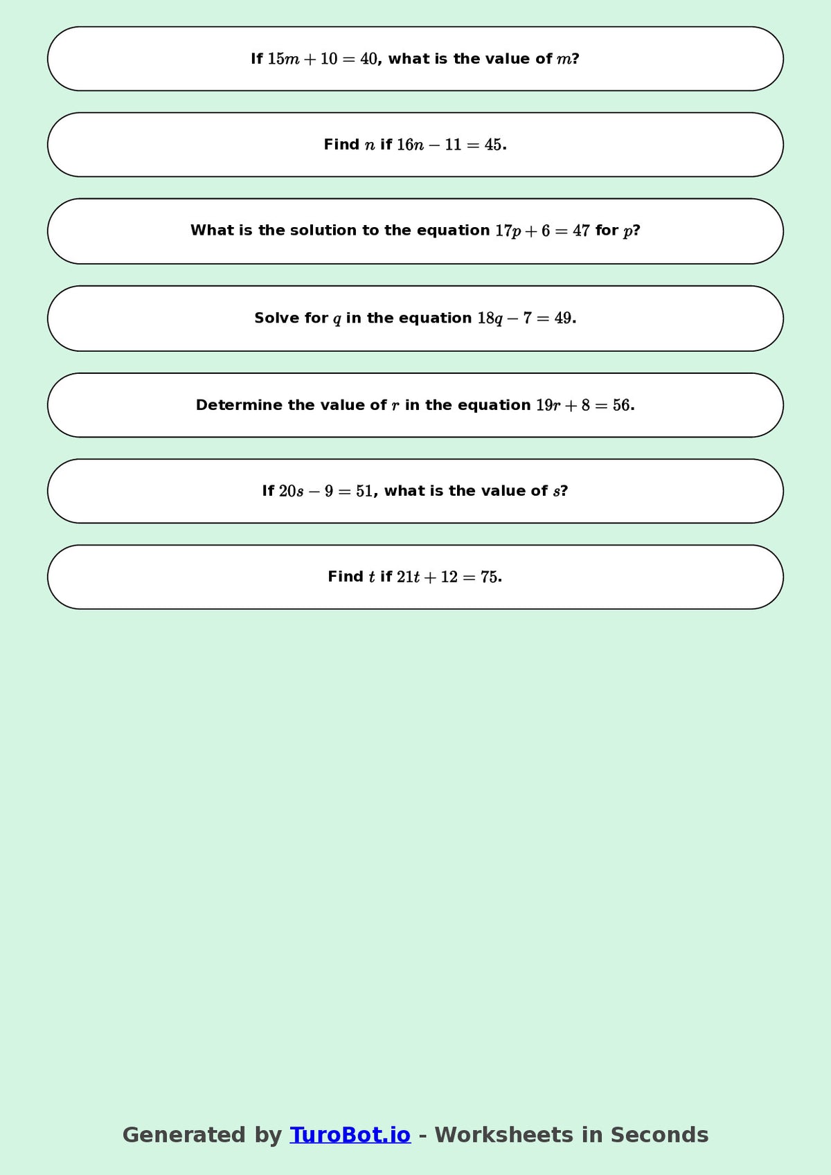 Math - Easy Equations Exercise 1 - Year 7 - Exercise 1