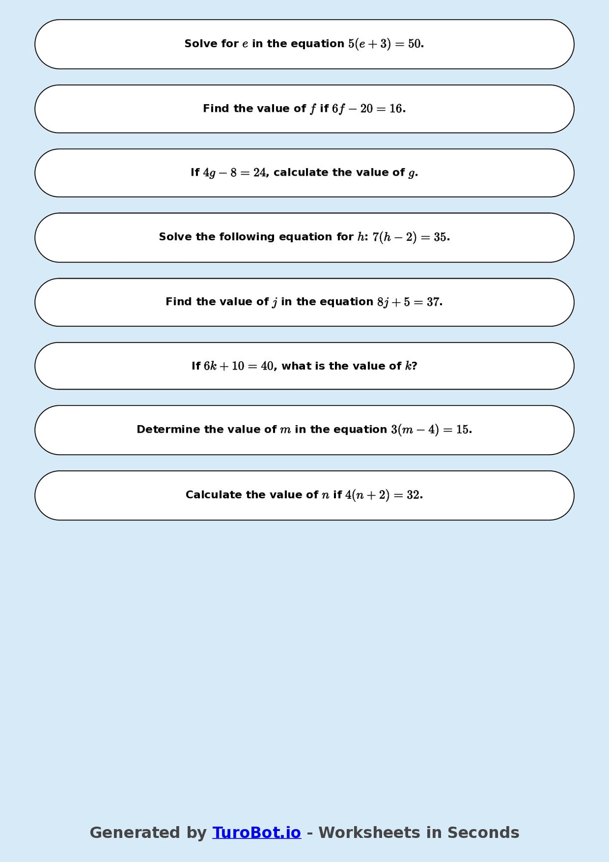 Math - Easy Multi-Step Equations Exercise 3 - Year 7 - Exercise 3