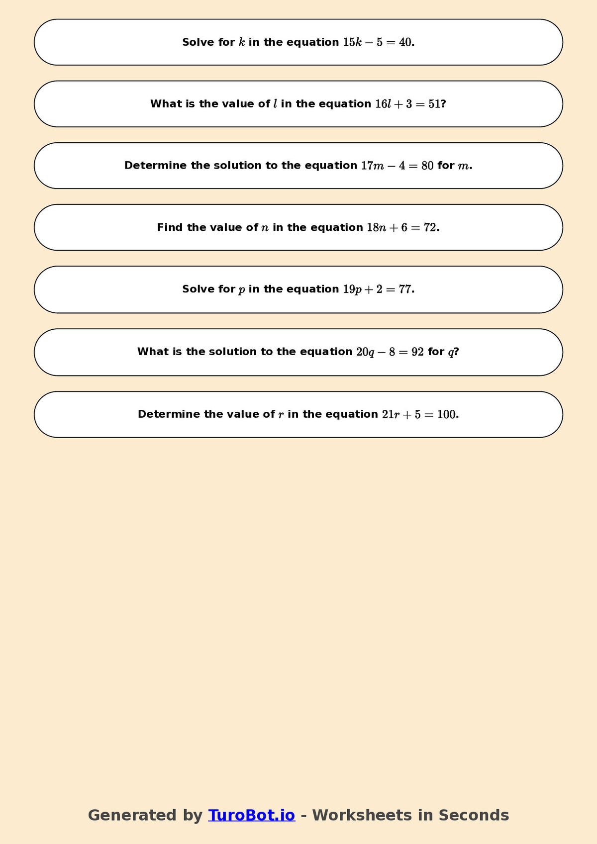 Math - Easy One-Step Equations Exercise 1 - Year 7 - Exercise 1