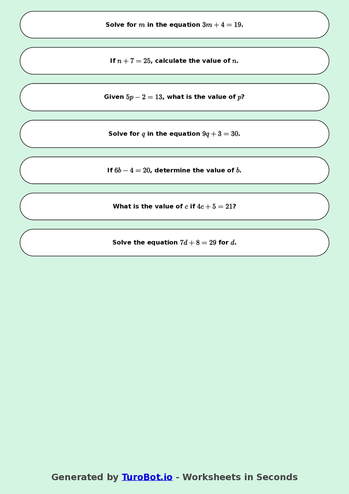 Math - One Step Equations Exercise 4 - Year 7 - Exercise 4