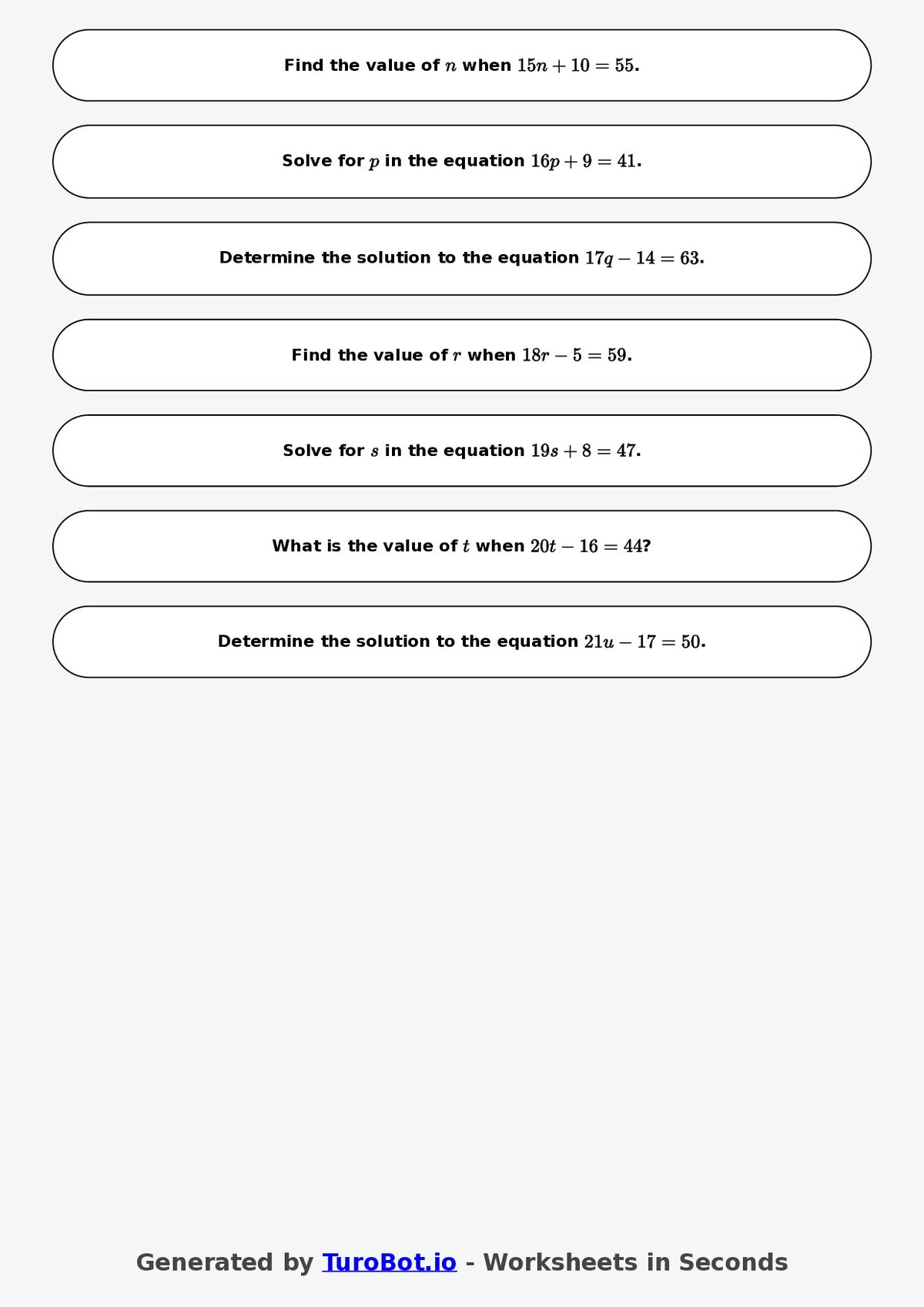 Math - One Step Equations Exercise 5 - Year 7 - Exercise 5